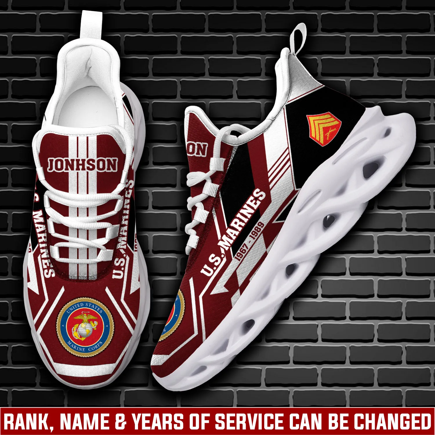 US Marine Corps Land Of The Free, Because Of The Brave Max Soul Shoes, Personalized Rank and Name, Veteran Sneakers, Gift for Dad