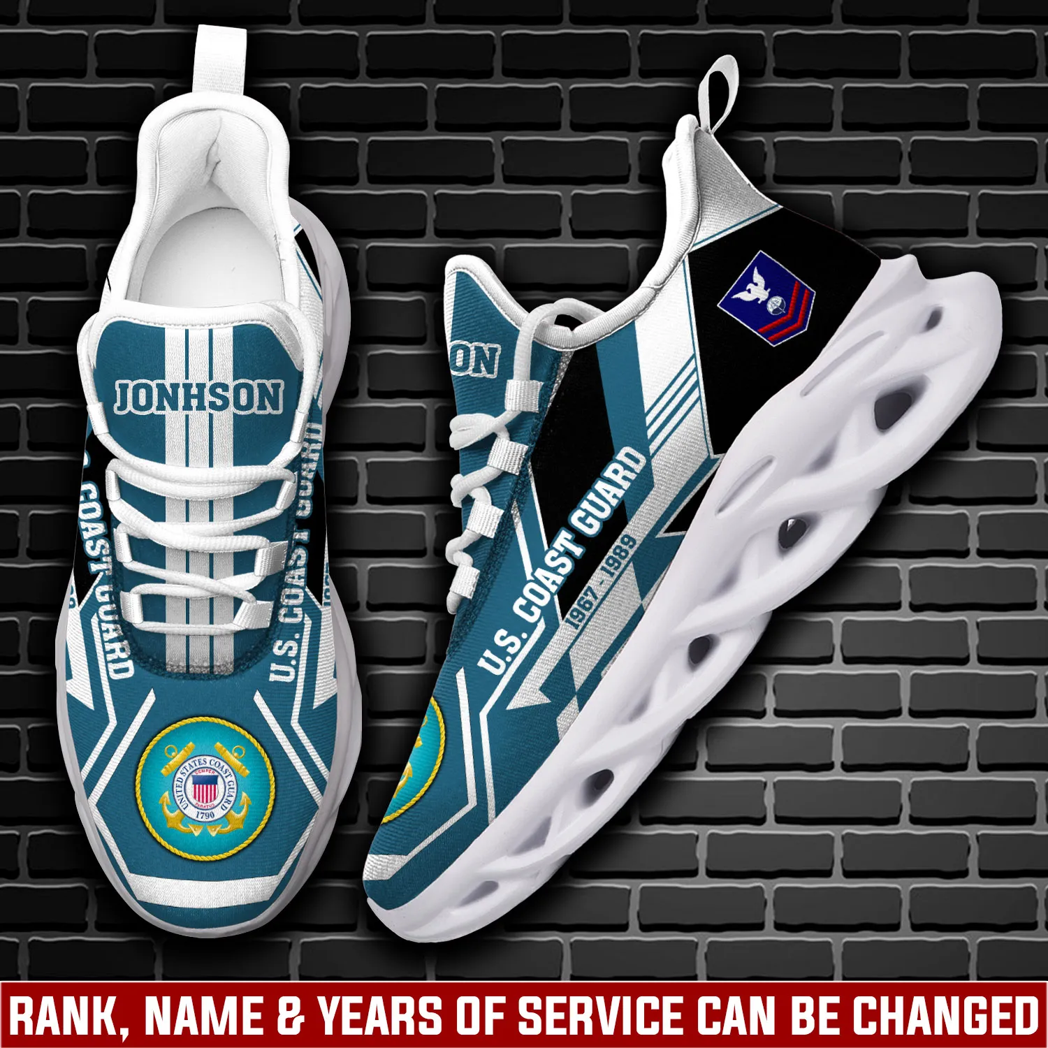 US Coast Guard Honor, Duty, Service Max Soul Shoes, Custom Name Rank and Rating, Teal Checkered Veteran Sneakers, Retirement Gift