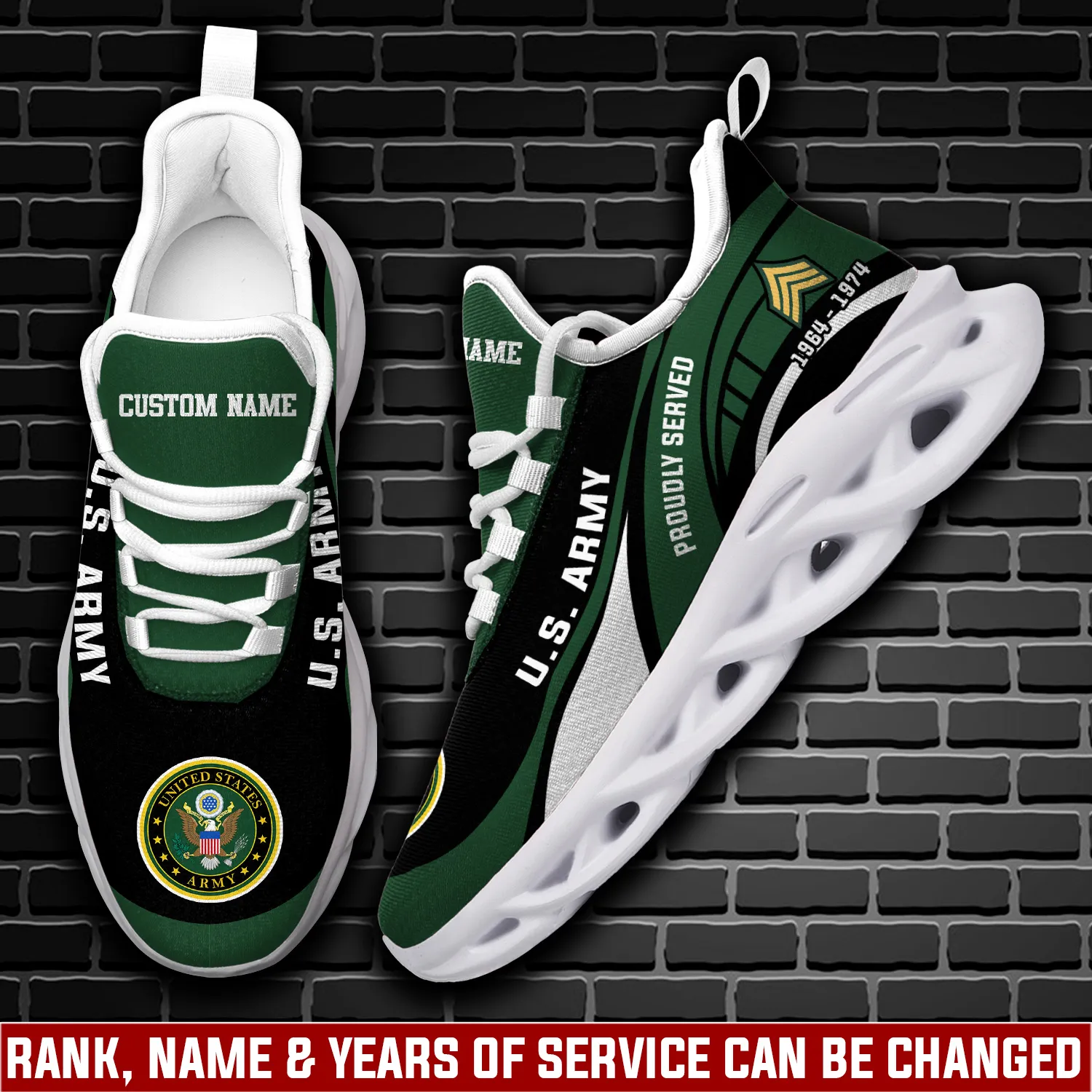 US Army E-4 Army Corporal Max Soul Shoes, Personalized Name and Years of Service, Proudly Served Veteran Walking Sneakers, Gift for Dad