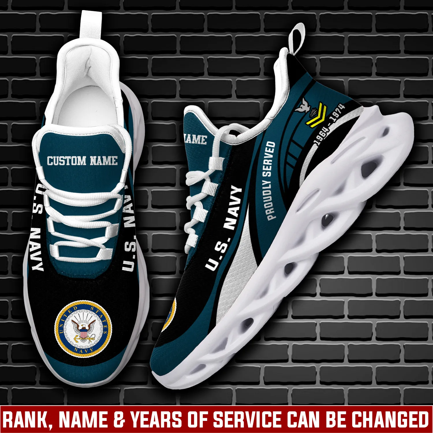 US Navy Proud To Have Served Max Soul Shoes, Personalized Rating Rank and Name, Teal and Black Veteran Sneakers, Gift for Sailor Dad