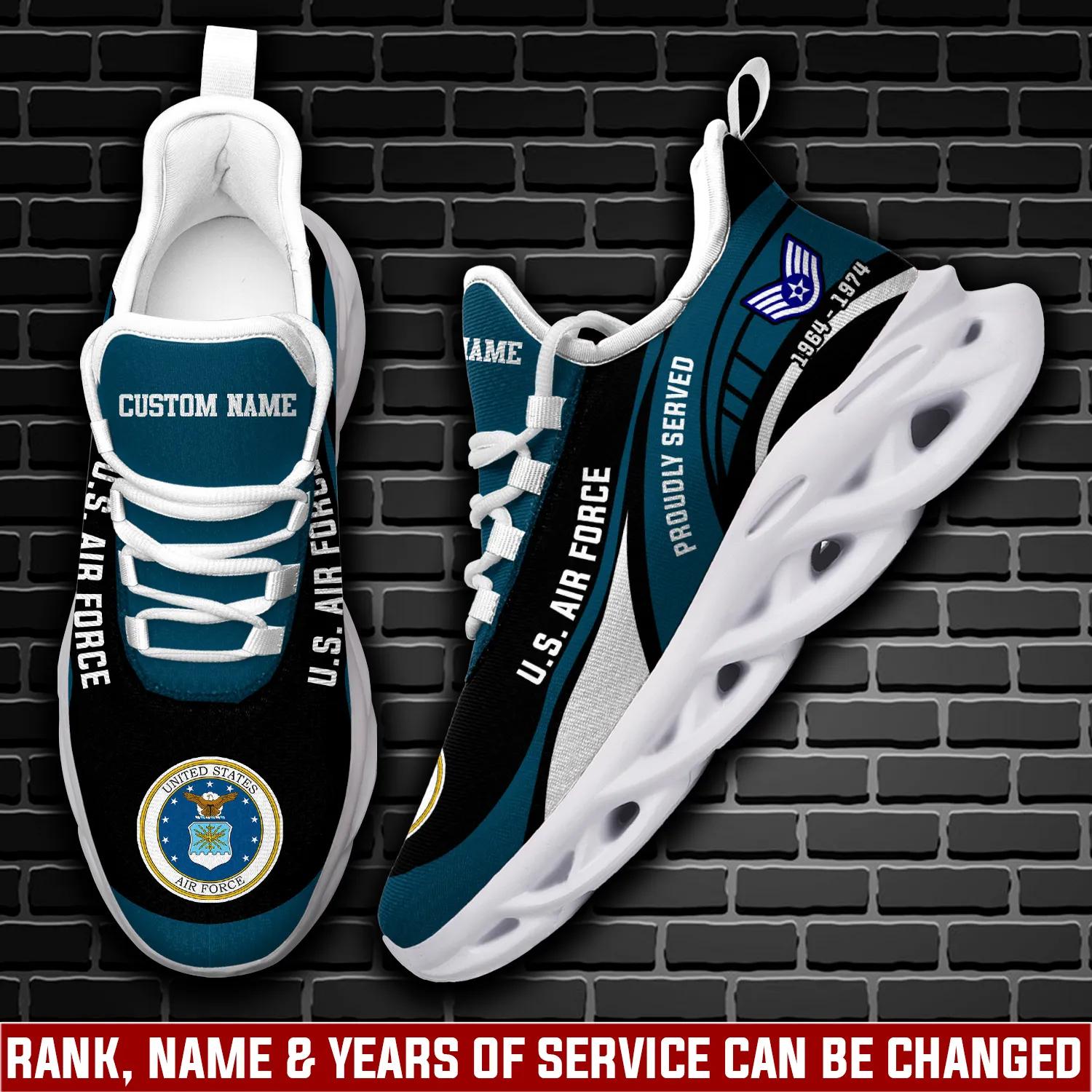 US Air Force Aim High Fly-Fight-Win Max Soul Shoes, Personalized Rank and Custom Name, Proudly Served Veteran Sneakers, Military Gift