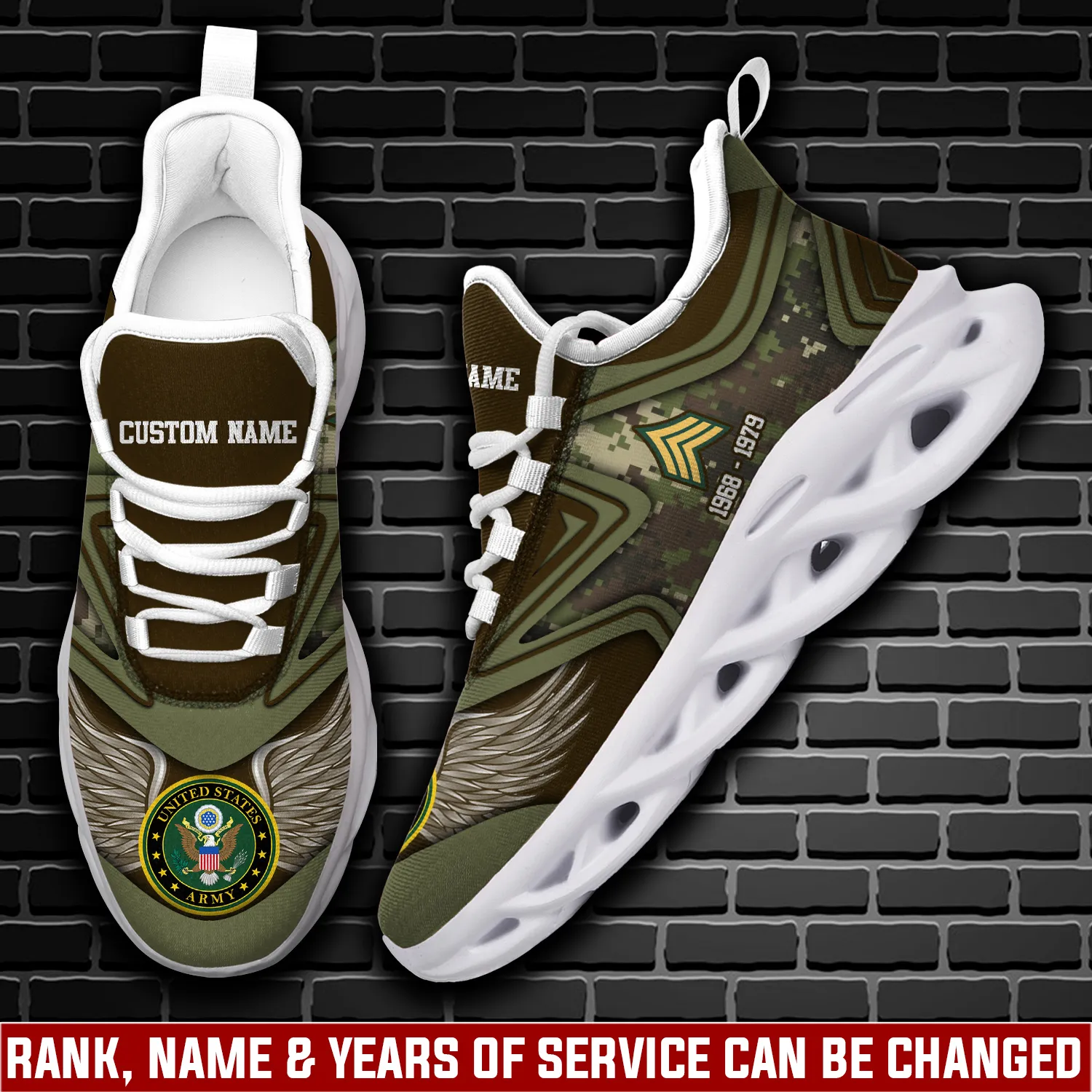 US Army E-9 Army Command Sergeant Major Max Soul Shoes, Custom Name and Years of Service, Olive Camo Veteran Sneakers with Wings