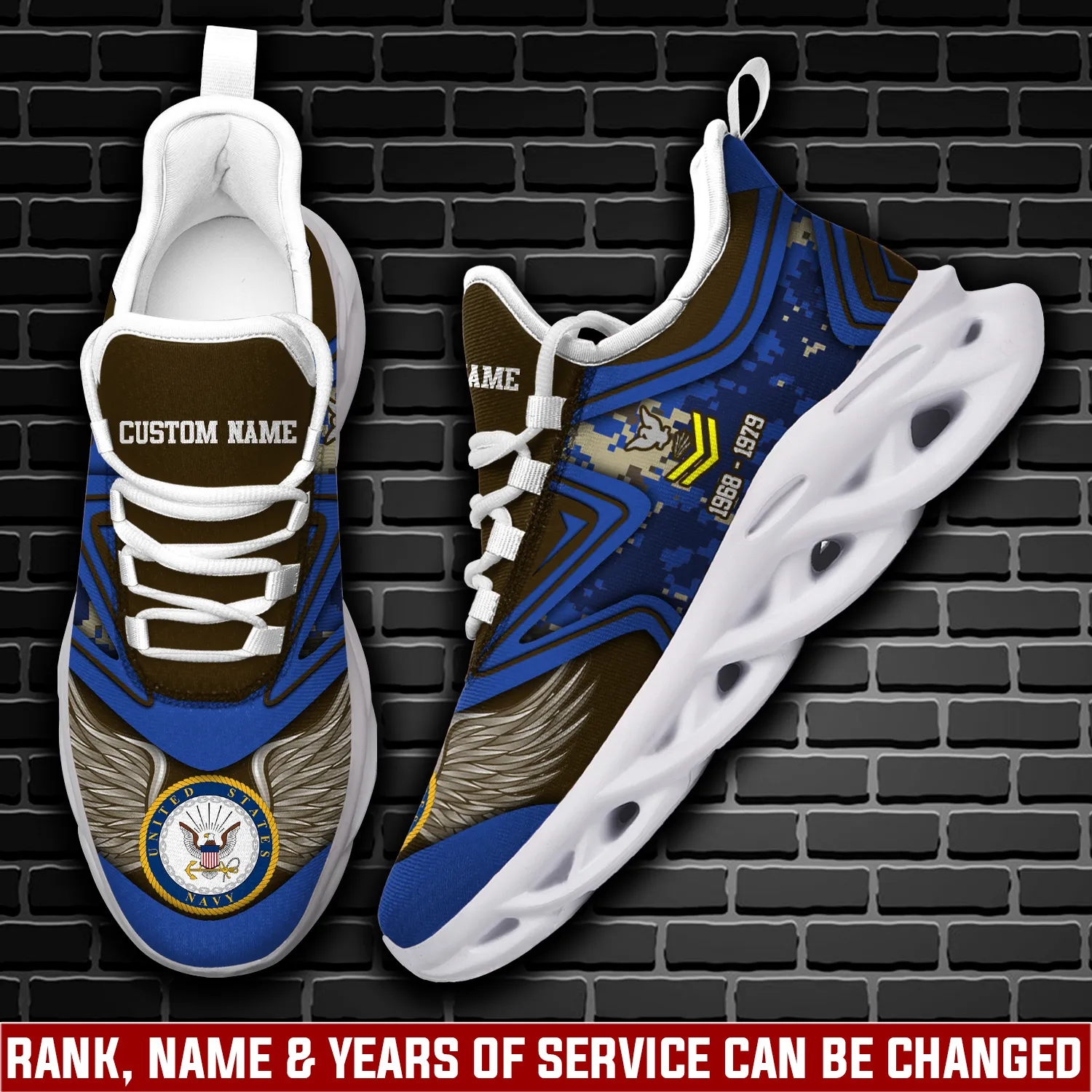 US Navy By Sea, Air and Land Max Soul Shoes, Personalized Rating Rank and Name, Blue Camo Veteran Sneakers with Wings, Gift for Dad