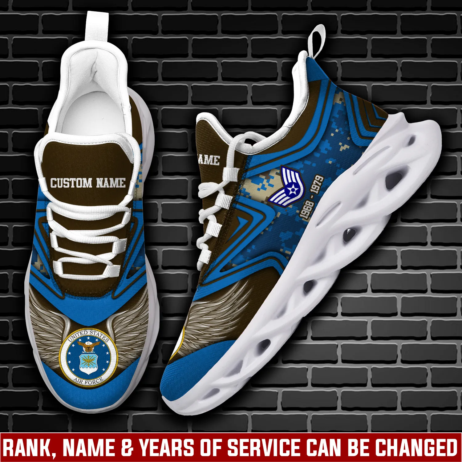 US Air Force Always Remember Never Forget Max Soul Shoes, Personalized Rank, Custom Name and Years, Veteran Camo Sneakers, Airman Gift