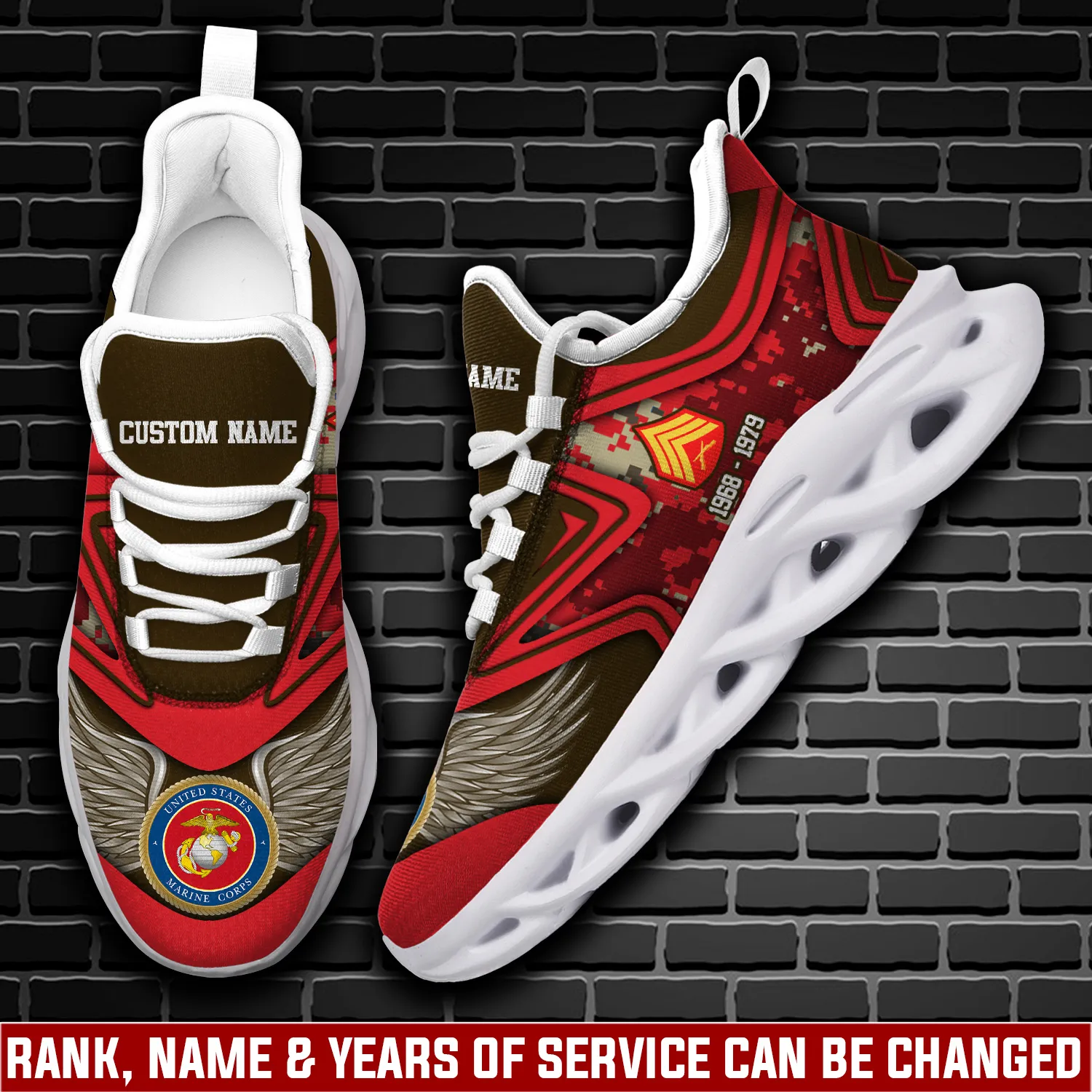 US Marine Corps Thank a Veteran Max Soul Shoes, Personalized Rank and Custom Name, Red Digital Camo Sneakers with Wings, Veterans Day Gift