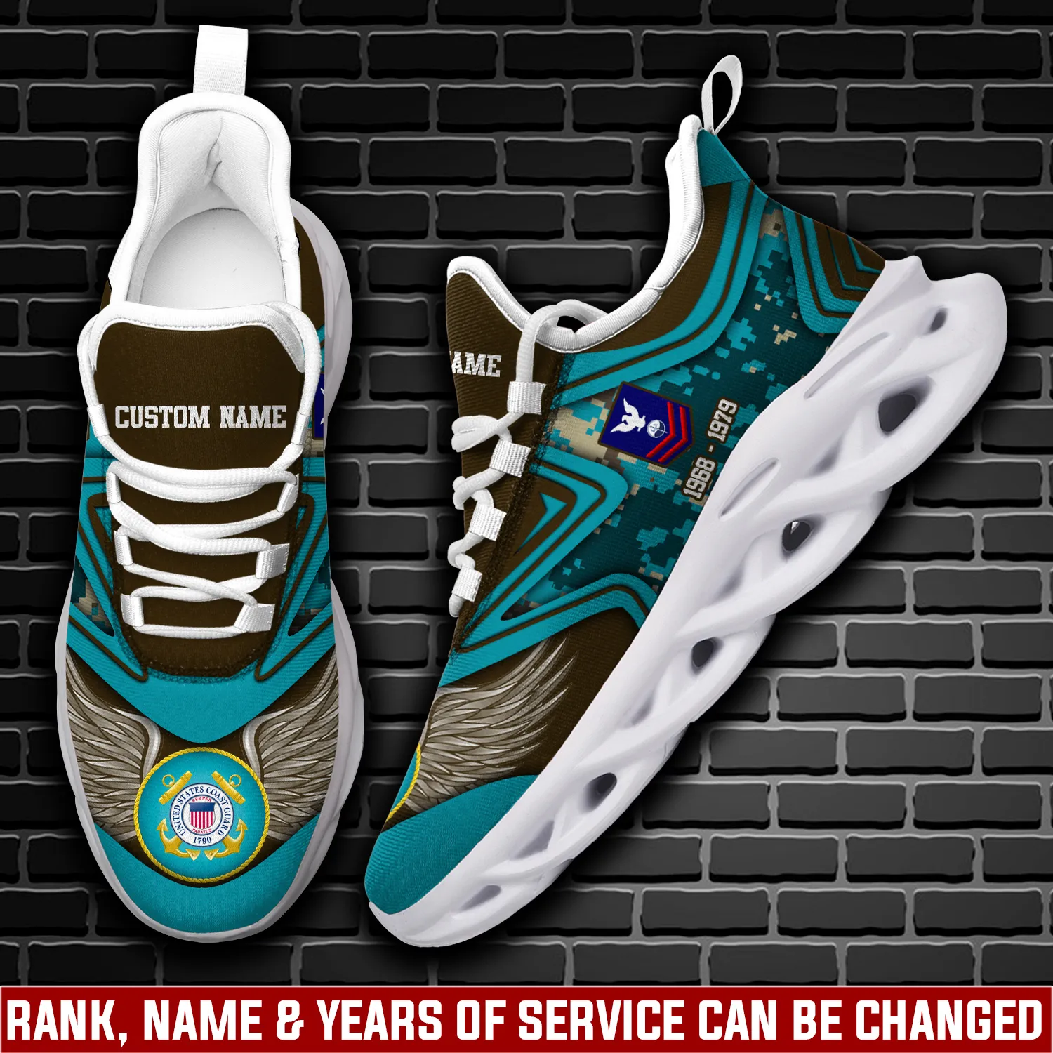 US Coast Guard E-4 Red Max Soul Shoes, Personalized Rating and Custom Name, Digital Camo Veteran Sneakers with Wings, Coastie Gift
