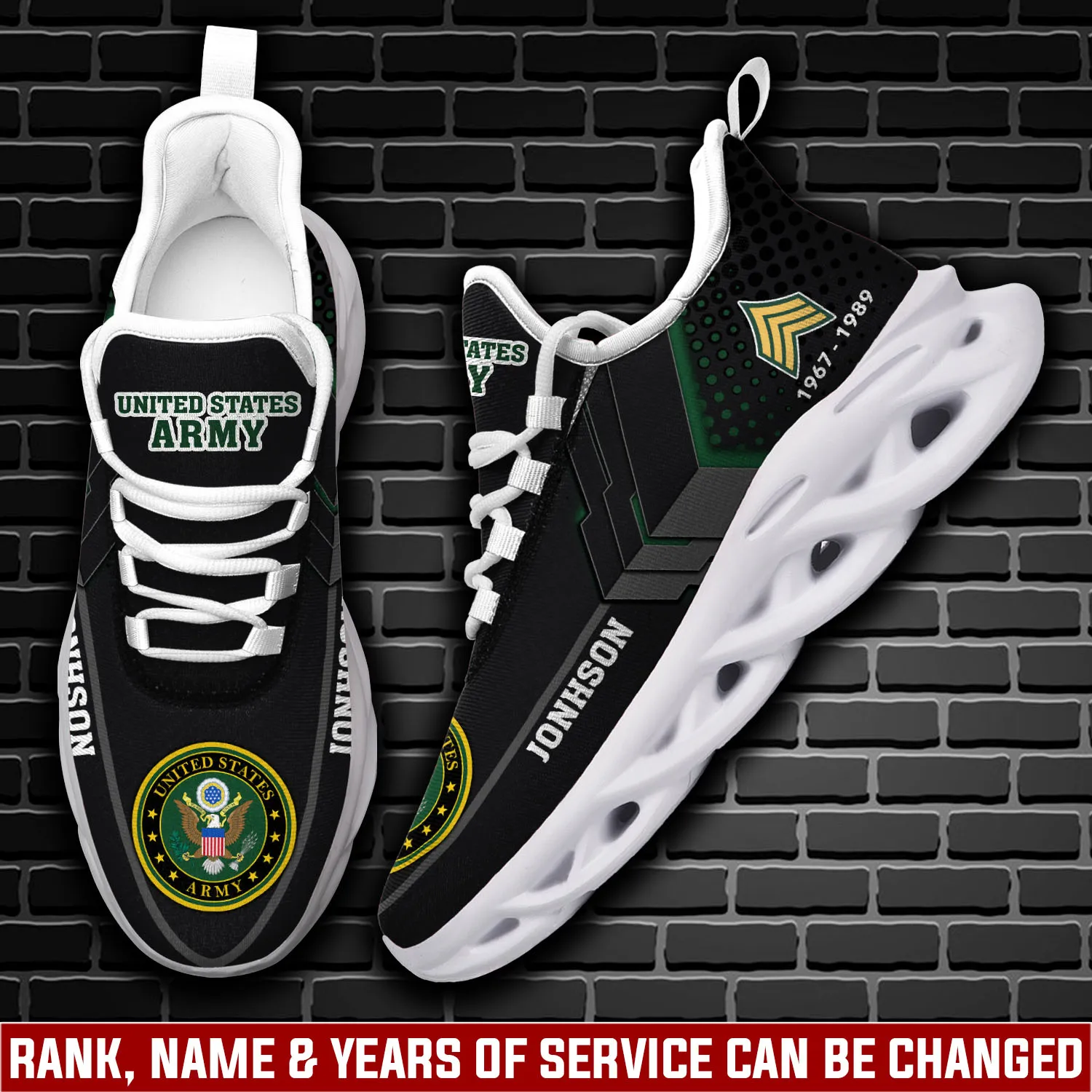 US Army Lest We Forget Max Soul Shoes, Custom Name Rank and Years of Service, Black and Green Veteran Running Sneakers, Memorial Day Gift