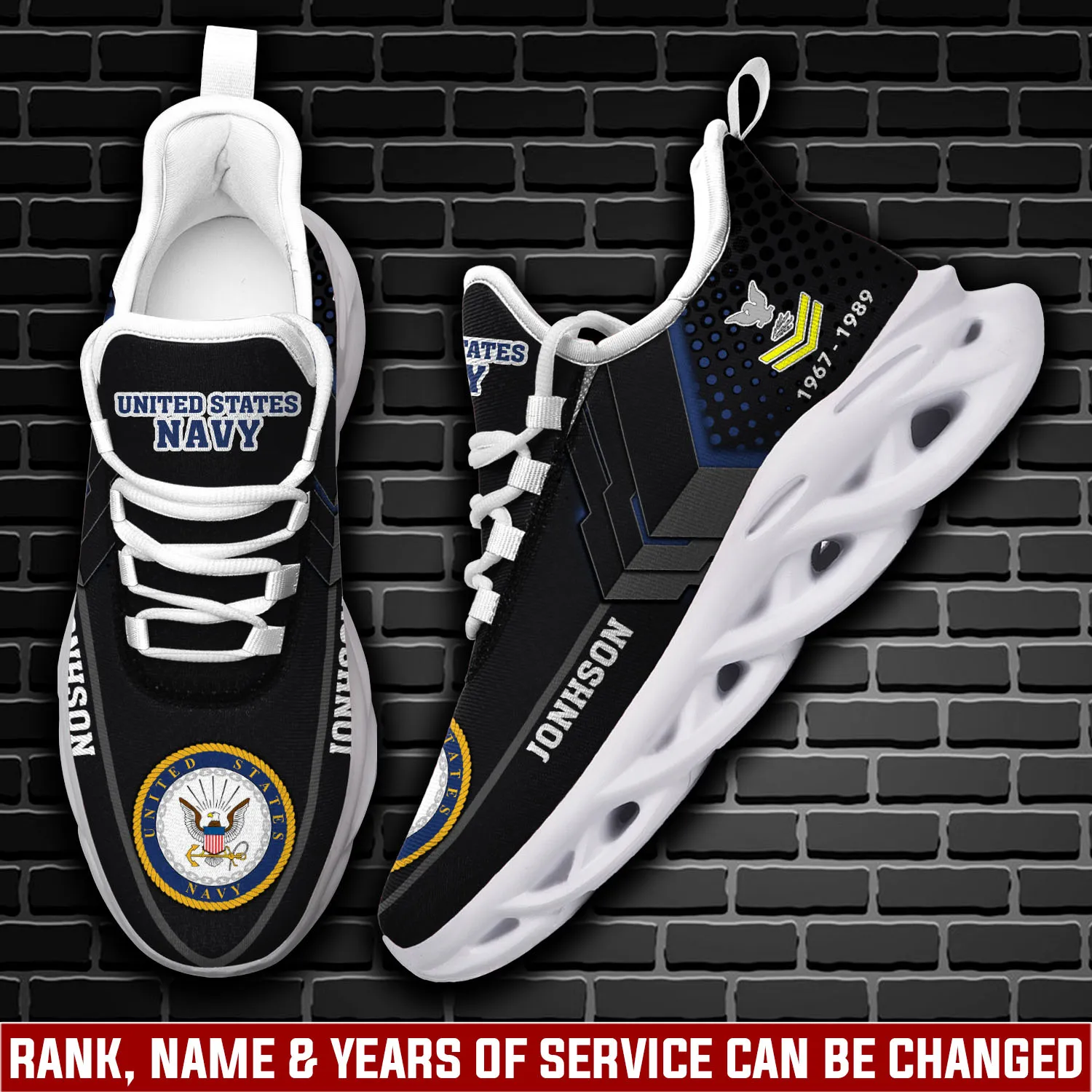 US Navy Defender of Freedom Max Soul Shoes, Personalized Rating Rank and Name, Black Veteran Sneakers, Sailor Gift for Grandpa