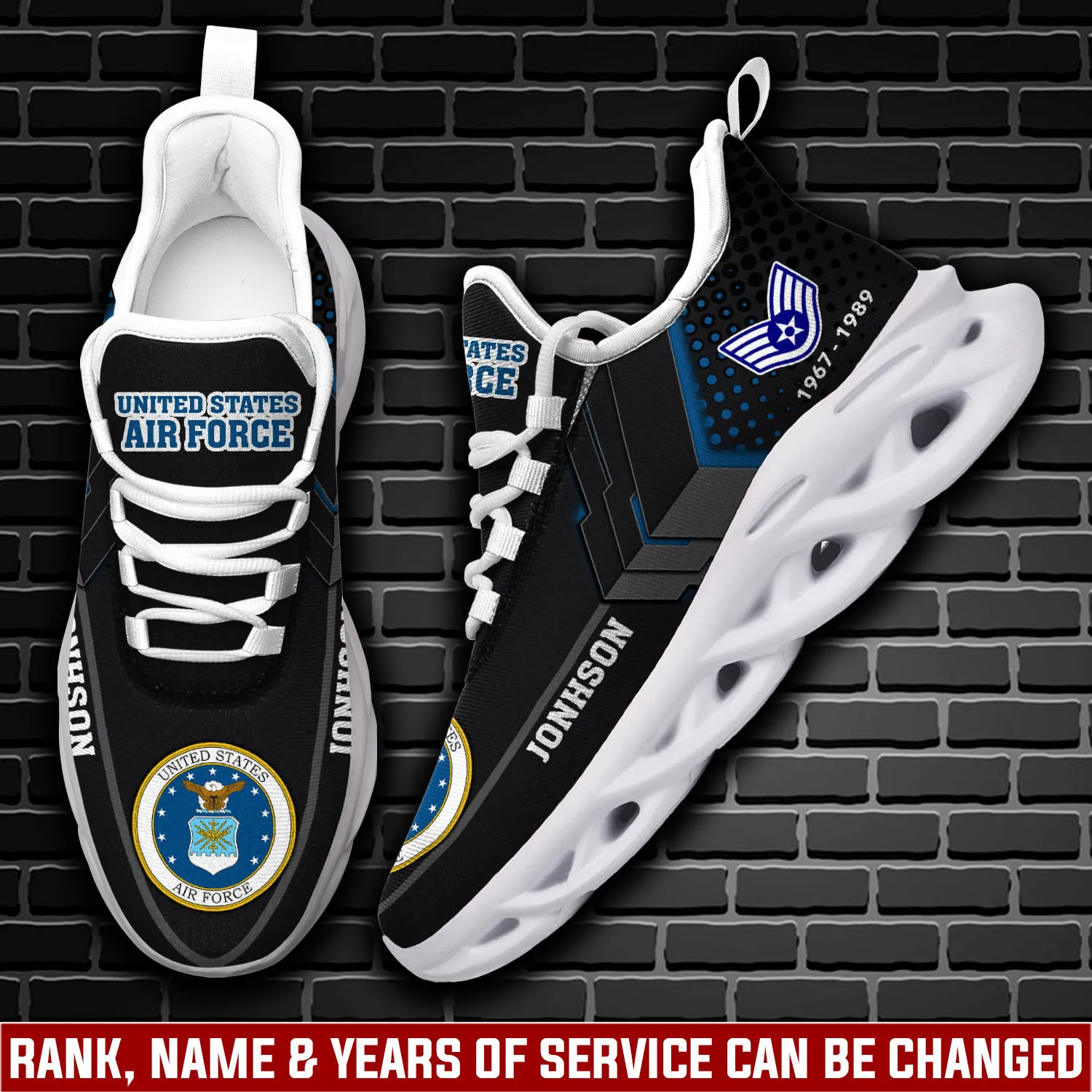 US Air Force Served With Pride Max Soul Shoes, Personalized Rank and Custom Name, Black Veteran Sneakers with Seal, Military Gift for Him