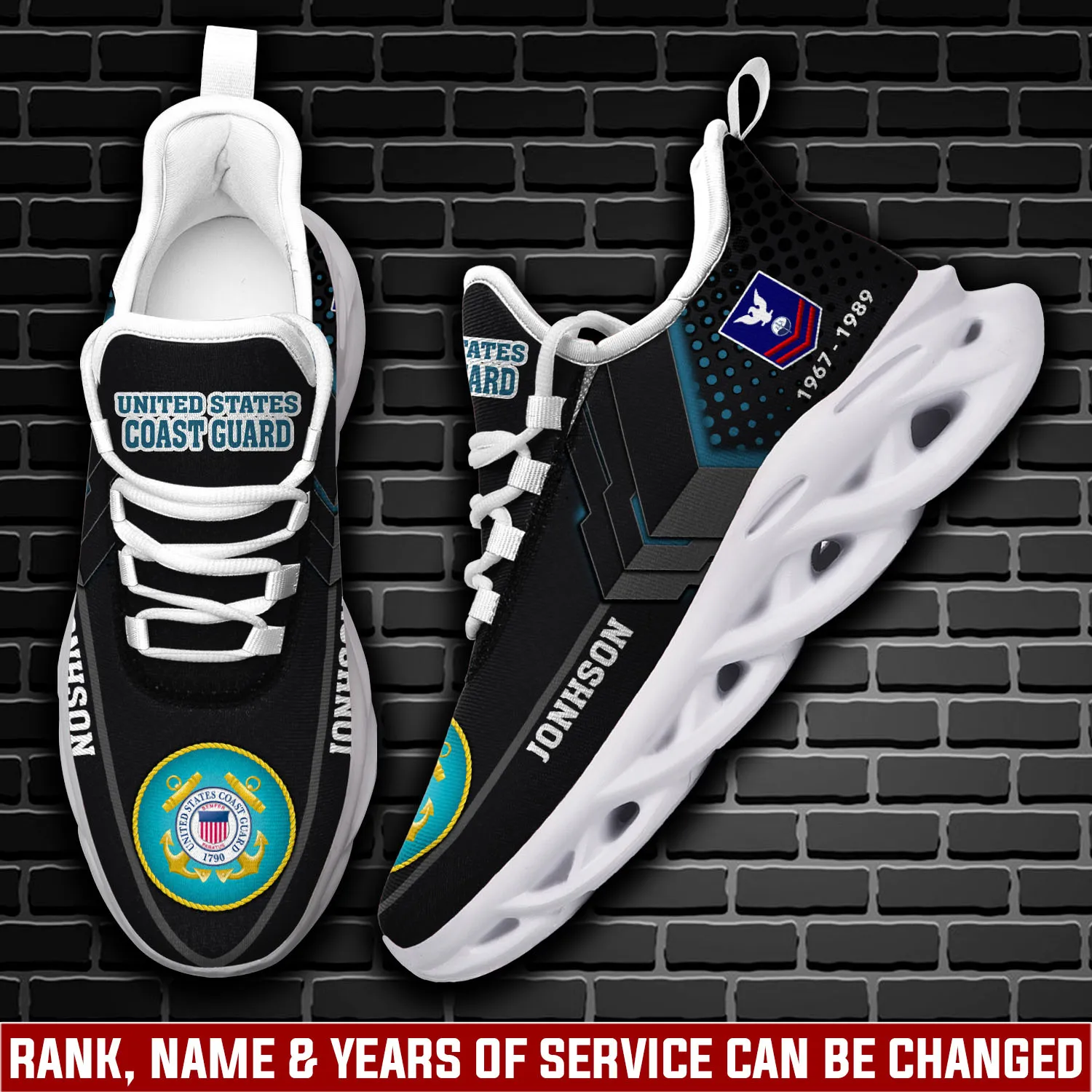 US Coast Guard E-3 White Max Soul Shoes, Custom Name Rank and Rating, Black Veteran Sneakers with Seal, Coastie Gift for Grandpa