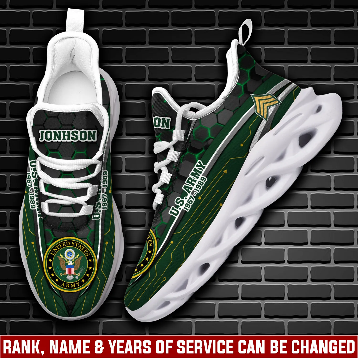 Personalized US Army Honor The Fallen Max Soul Shoes, Custom Name Rank and Years of Service Green Hex Veteran Sneakers, Military Gift for Dad