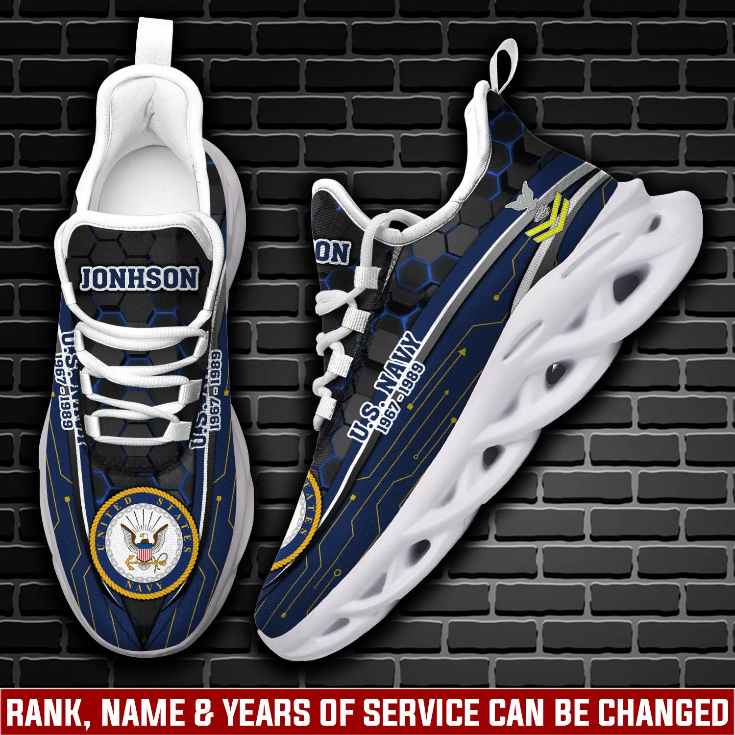 Personalized US Navy E-7 Red Max Soul Shoes, Custom Name Rating Rank and Years of Service Blue Hex Veteran Sneakers, Gift for Sailors