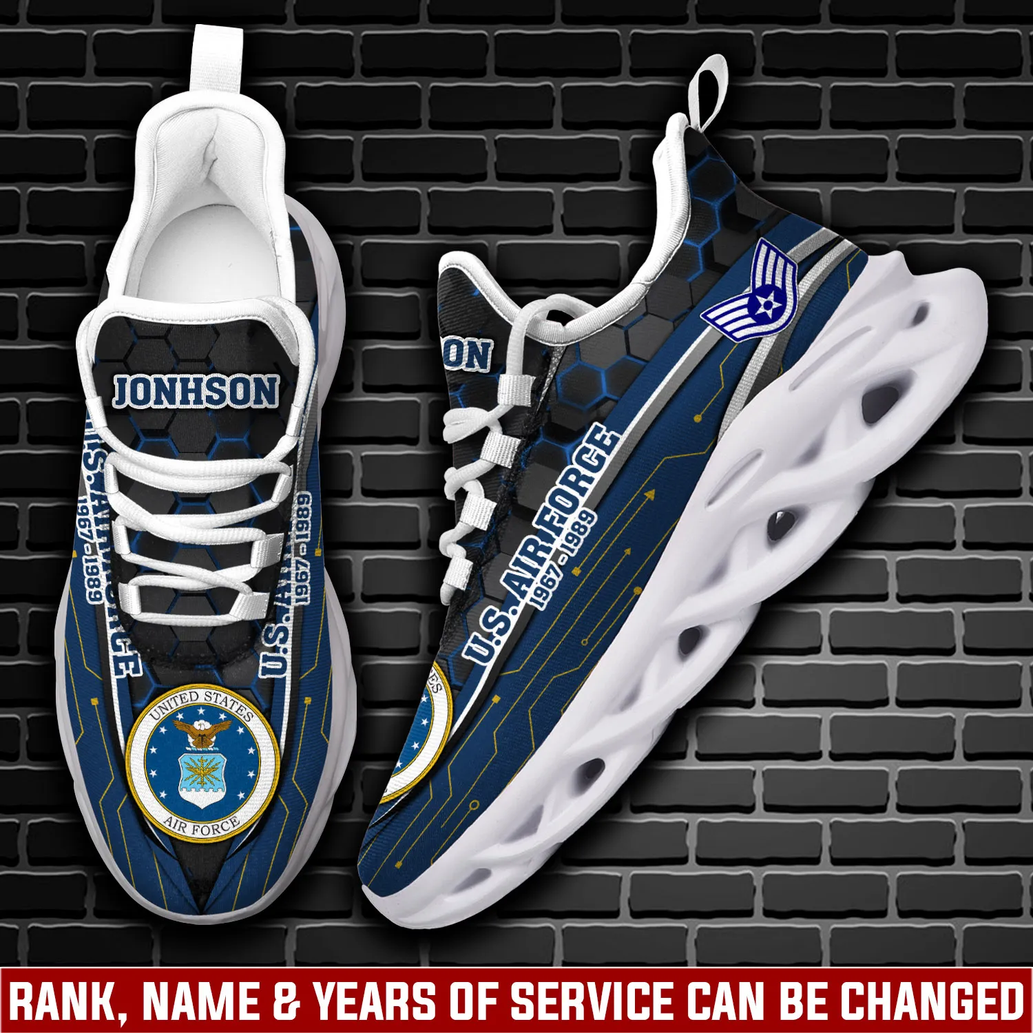 US Air Force E-3 Air Force Airman First Class Max Soul Shoes, Custom Name and Years of Service, Veteran Lace-Up Sneakers, Military Gift