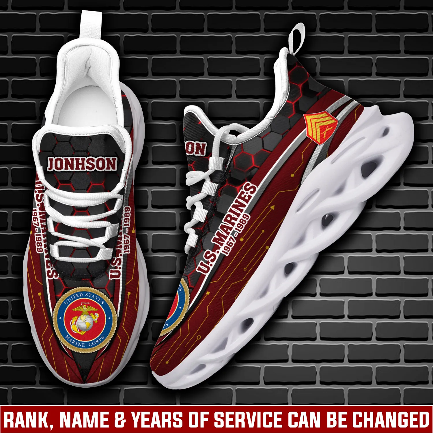 US Marine Corps E-2 Marines Private First Class Personalized Max Soul Shoes, Custom Name Rank and Years Veteran Sneakers, USMC Gift