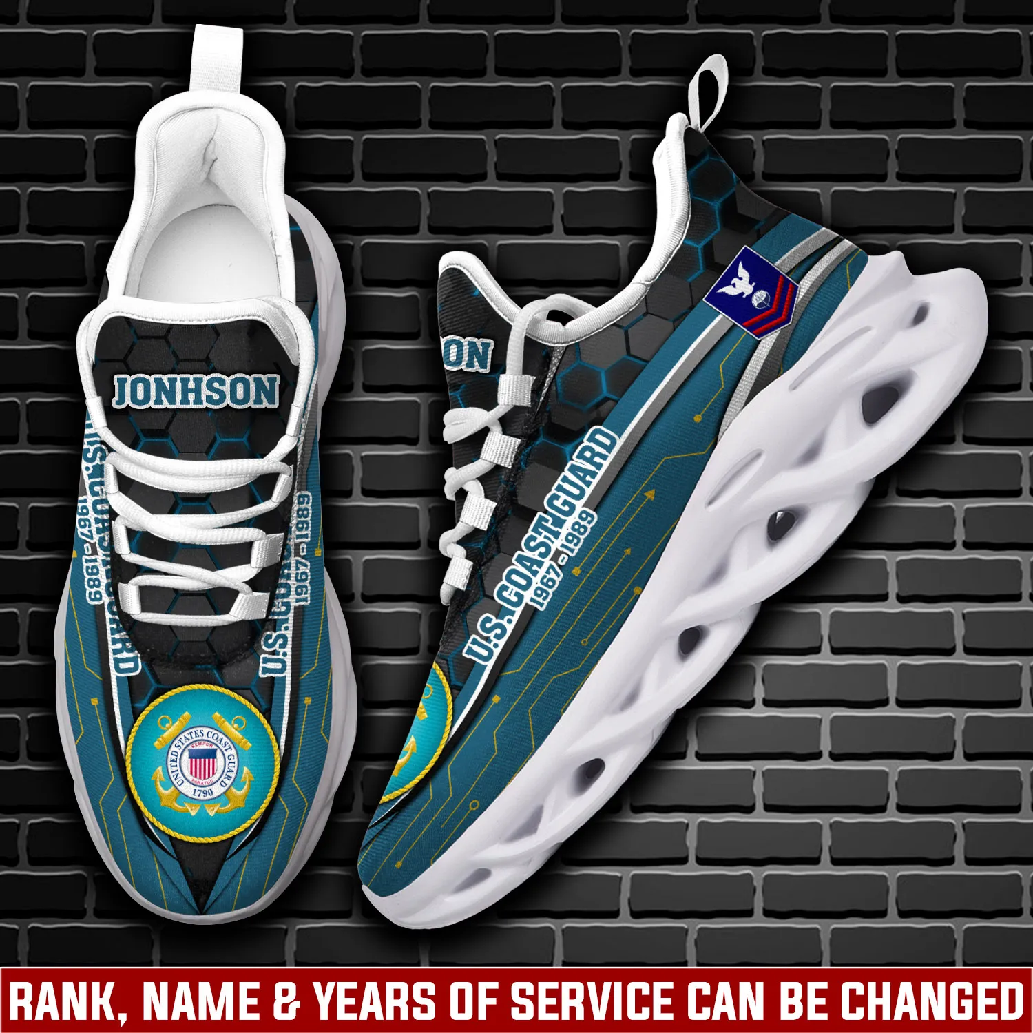 US Coast Guard E-3 White Max Soul Shoes, Personalized Rating Rank and Custom Name, Coastie Veteran Sneakers, Military Retirement Gift
