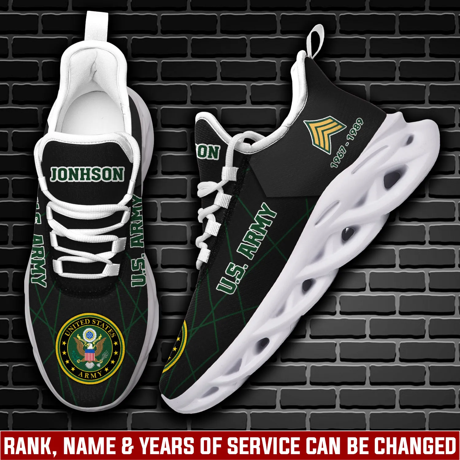 US Army No One Fights Alone Max Soul Shoes, Personalized Rank Name and Years of Service, Veteran Lace-Up Sneakers, Military Gift for Dad