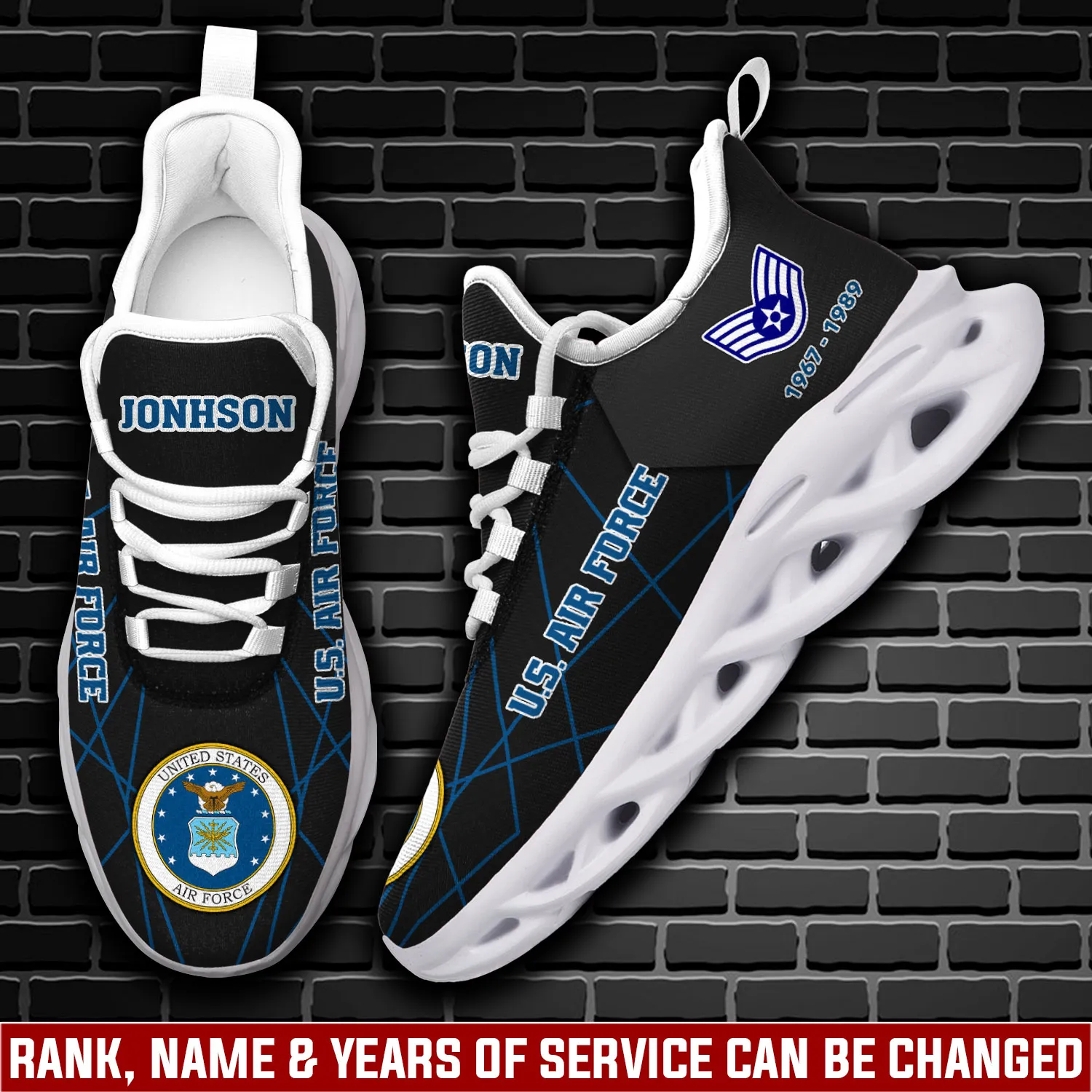 US Air Force O-3 Air Force Captain Max Soul Shoes, Custom Name, Rank and Years of Service Sneakers, Veteran Gift for Dad, Black Blue
