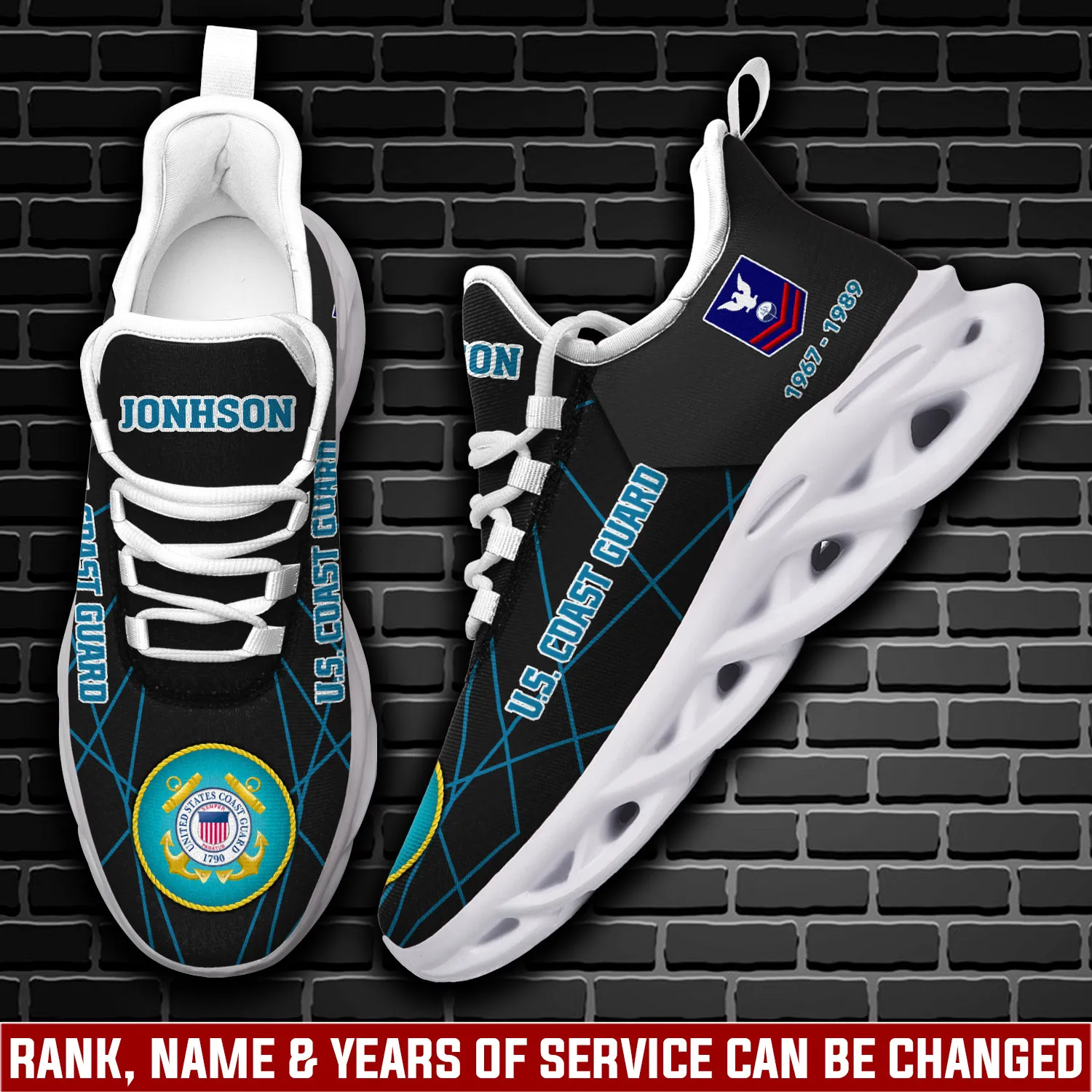 US Coast Guard No One Gets Left Behind Max Soul Shoes, Personalized Name, Rank, Rating and Years of Service Veteran Sneakers
