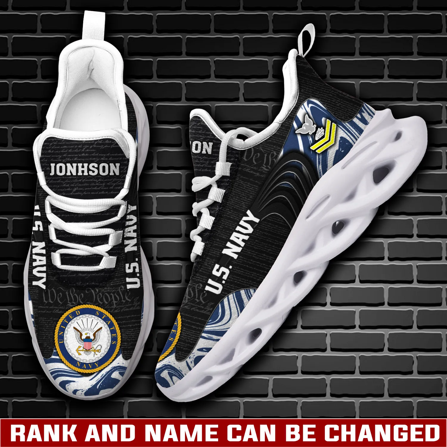 US Navy E-5 Gold Max Soul Shoes, Custom Name, Rank and Rating Sneakers, Veteran Gift for Dad, Black Marble Lace-Up Walking Shoes