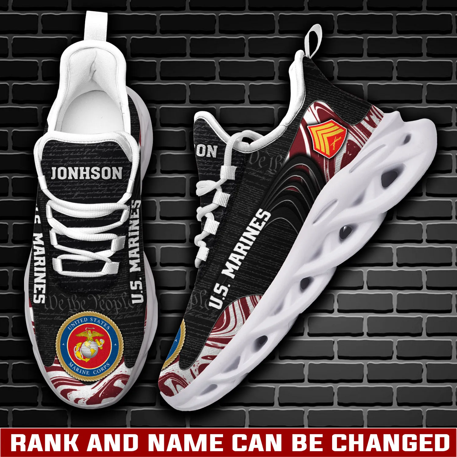 Personalized US Marine Corps E-6 Marines Staff Sergeant Max Soul Shoes, Custom Name and Rank Black Red Marble Veteran Sneakers, USMC Gift