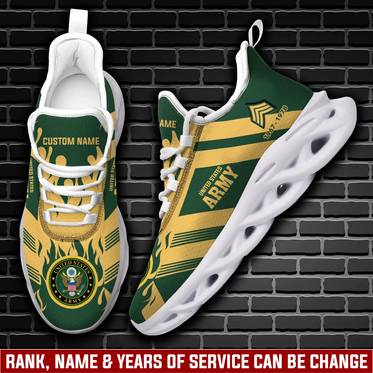 US Army No One Fights Alone Max Soul Shoes, Personalized Rank, Name and Years of Service Sneakers, Veteran Gift for Dad, Green Gold