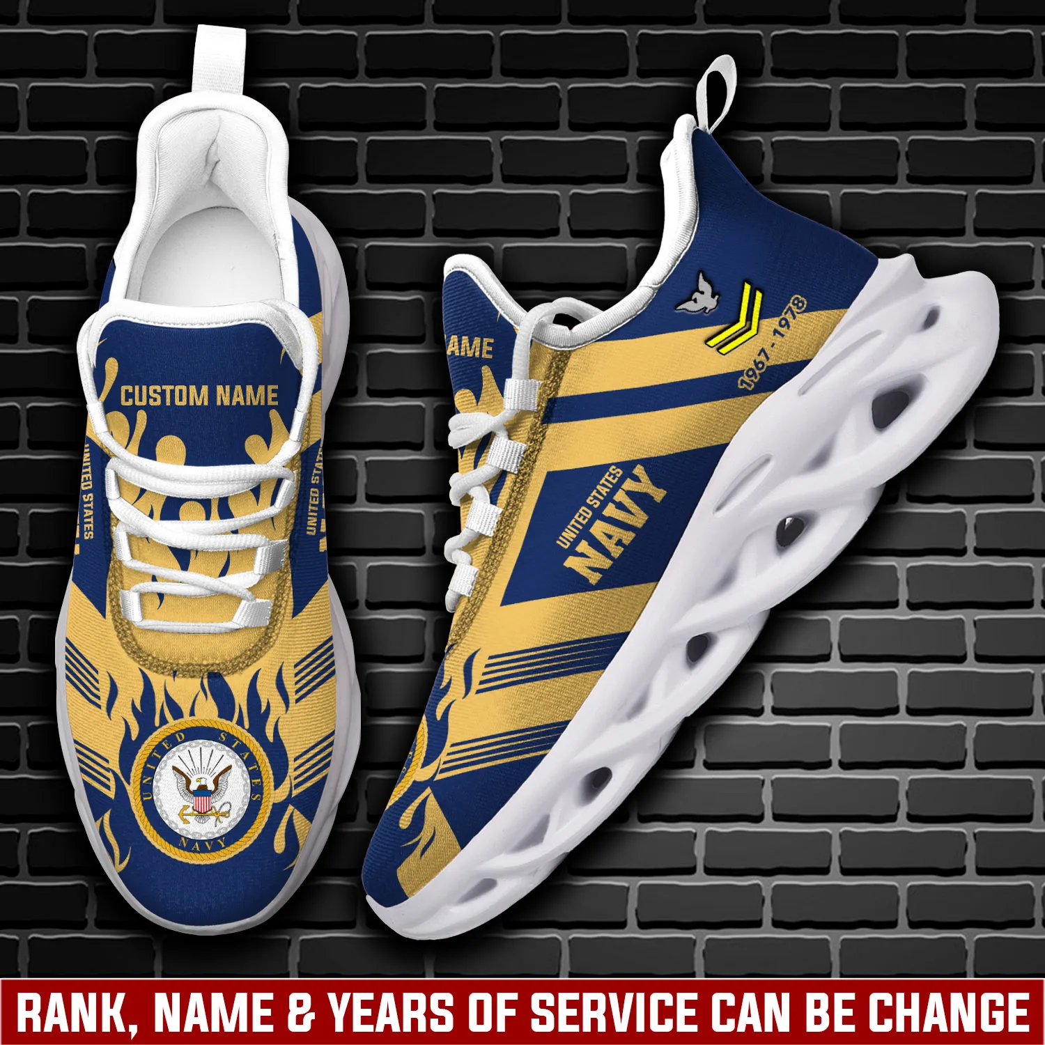 US Navy E-5 Gold Max Soul Shoes, Personalized Rating, Rank, Name and Years of Service Sneakers, Veteran Gift, Striped Trainers