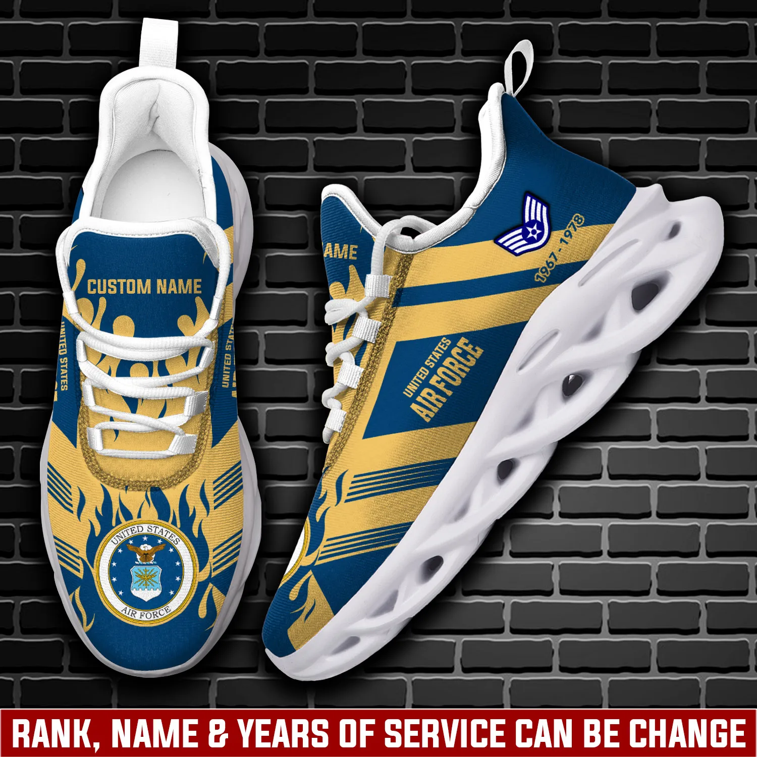 US Air Force Lest We Forget Max Soul Shoes, Personalized Rank, Name and Years of Service Sneakers, Veteran Gift for Dad and Grandpa