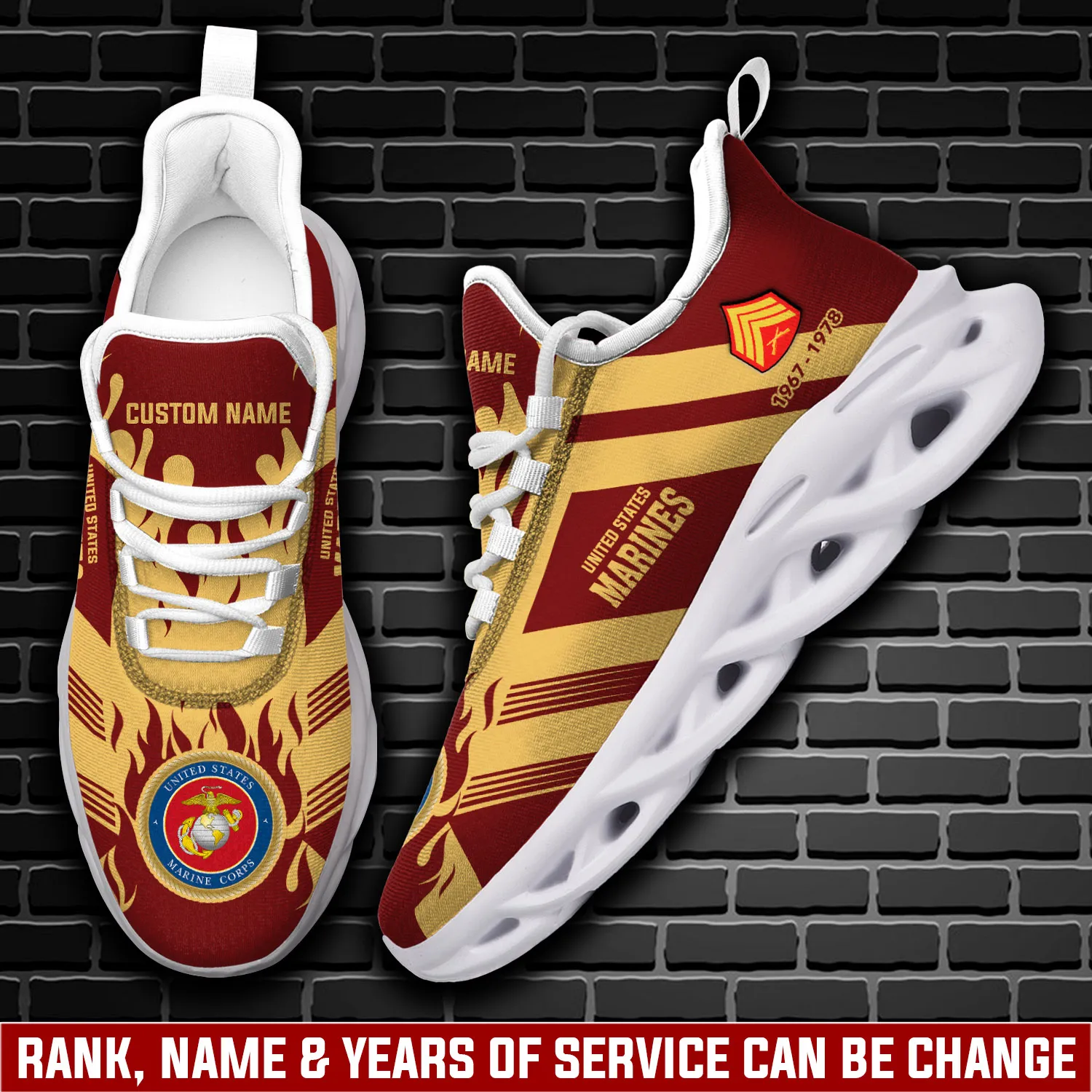 Personalized US Marine Corps Once A Marine Always A Marine Max Soul Shoes, Custom Name Rank and Years Scarlet Gold Veteran Sneakers