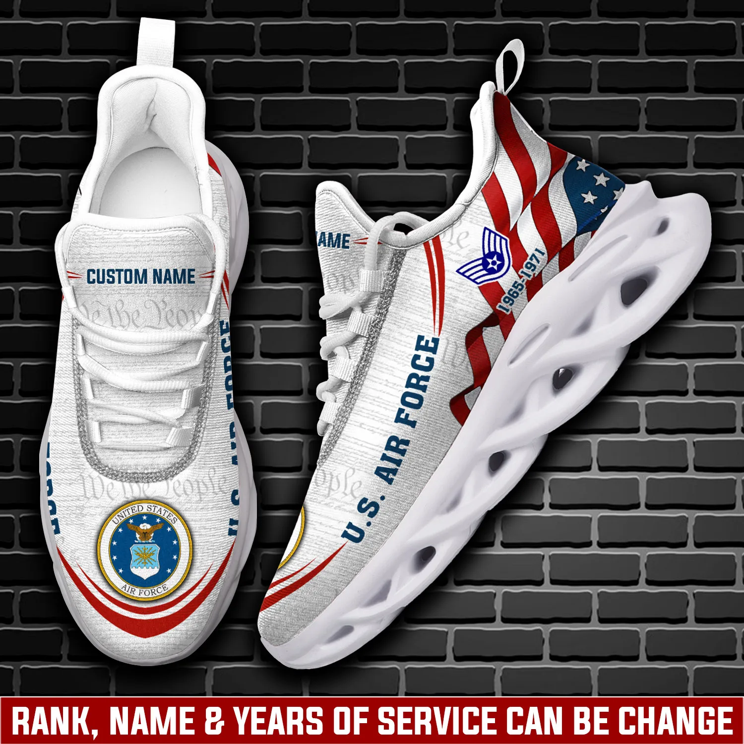 US Air Force No One Gets Left Behind Max Soul Shoes, Personalized Rank, Name and Years of Service, American Flag Veteran Sneakers
