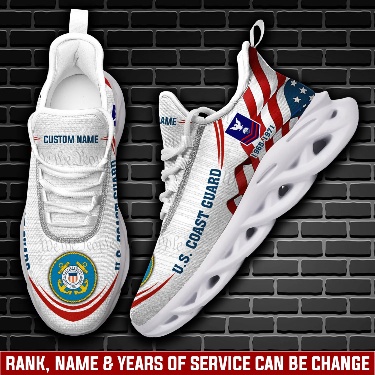 US Coast Guard Honor, Duty, Service Max Soul Shoes, Personalized Name, Rank and Rating Sneakers, American Flag Veteran Gift for Dad