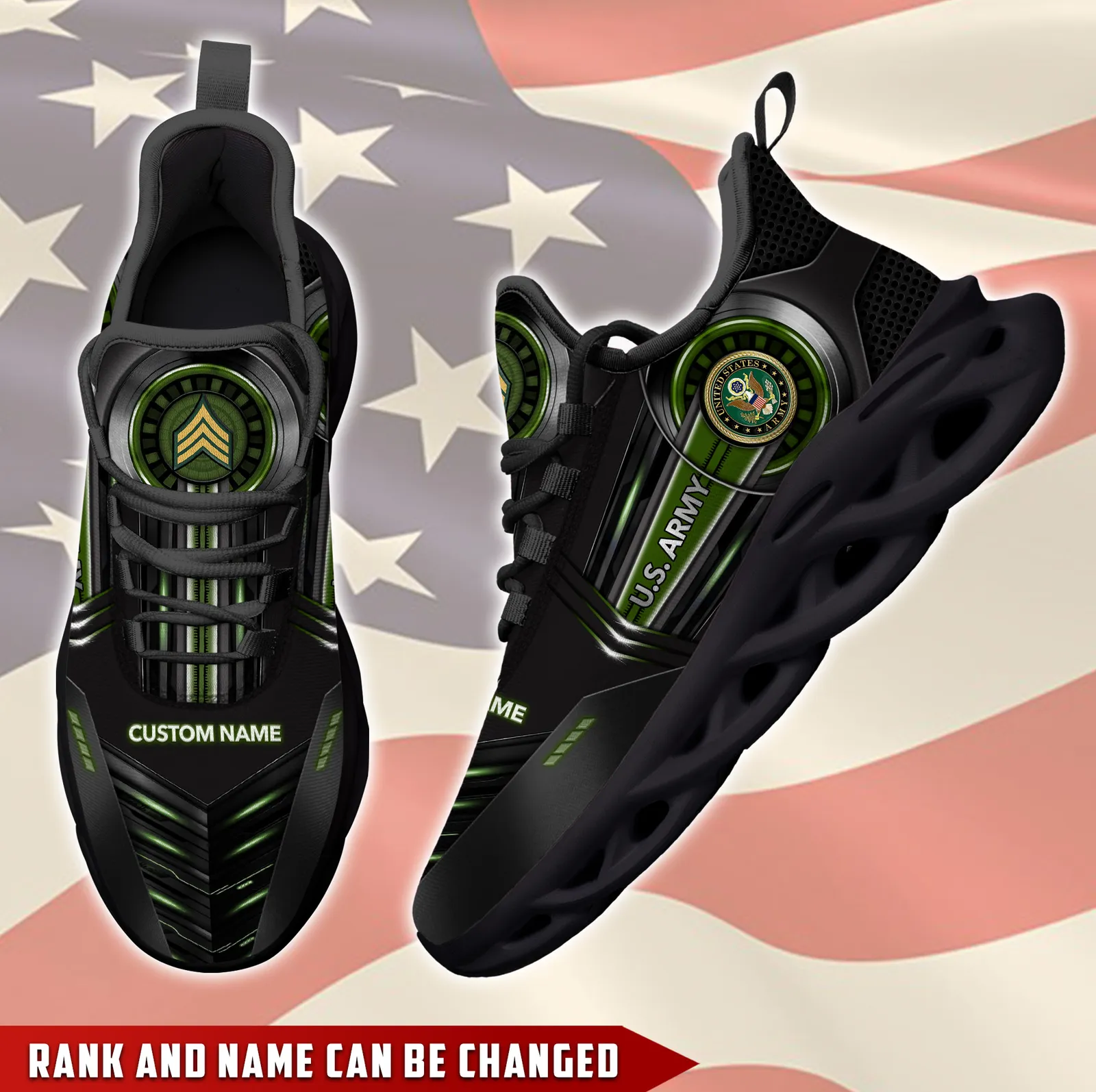 US Army Land Of The Free Because Of The Brave Max Soul Shoes, Personalized Rank and Custom Name, Army Veteran Sneakers