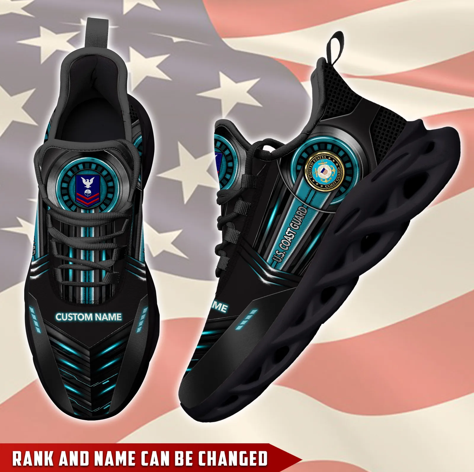 US Coast Guard E-3 Blue Max Soul Shoes, Personalized Custom Name, Rank and Rating, Veteran Sneakers, Military Gift for Dad
