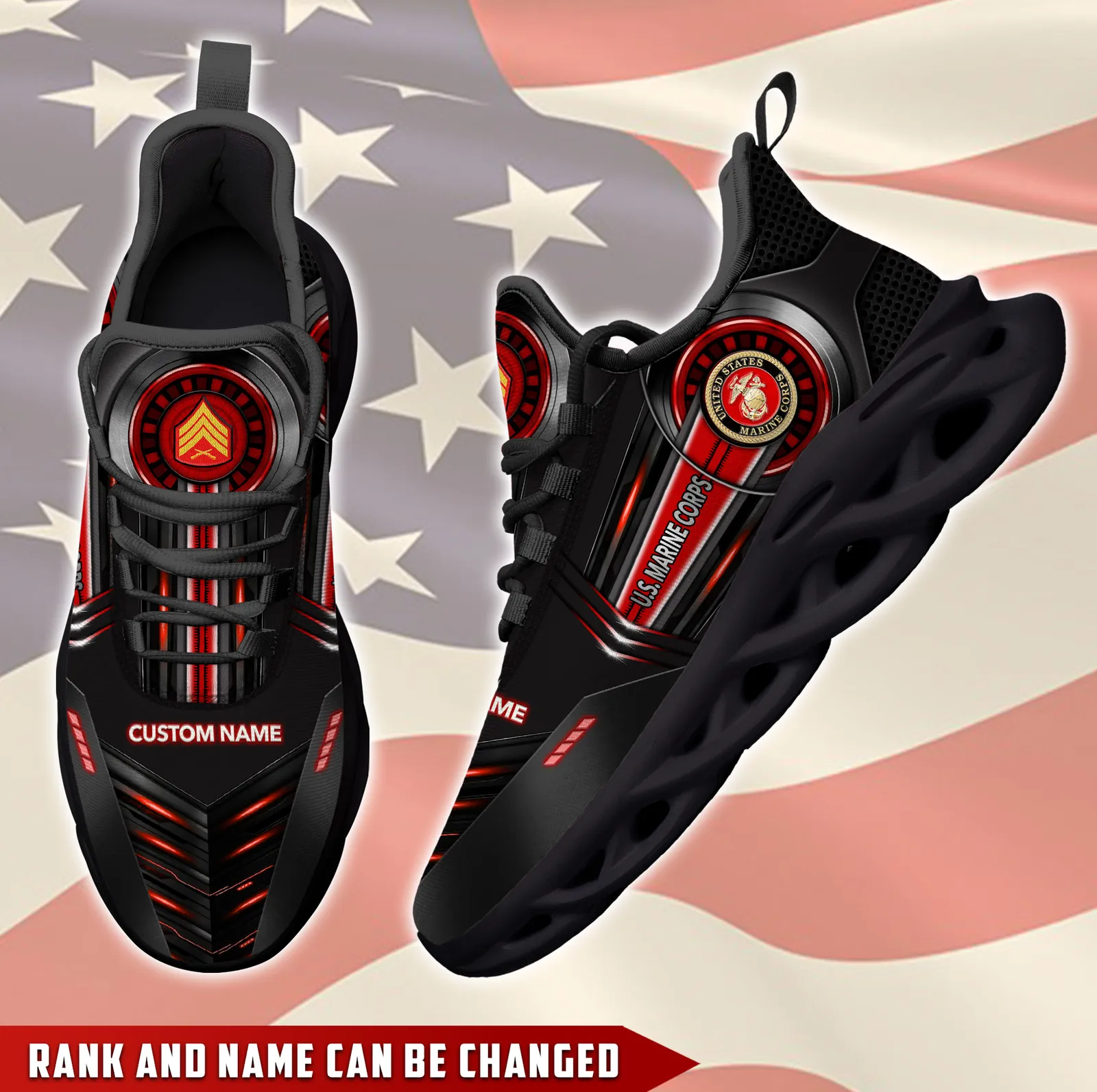 US Marine Corps Served With Pride Personalized Max Soul Shoes, Custom Name and Rank Black Red Veteran Sneakers, Military Gift for Dad