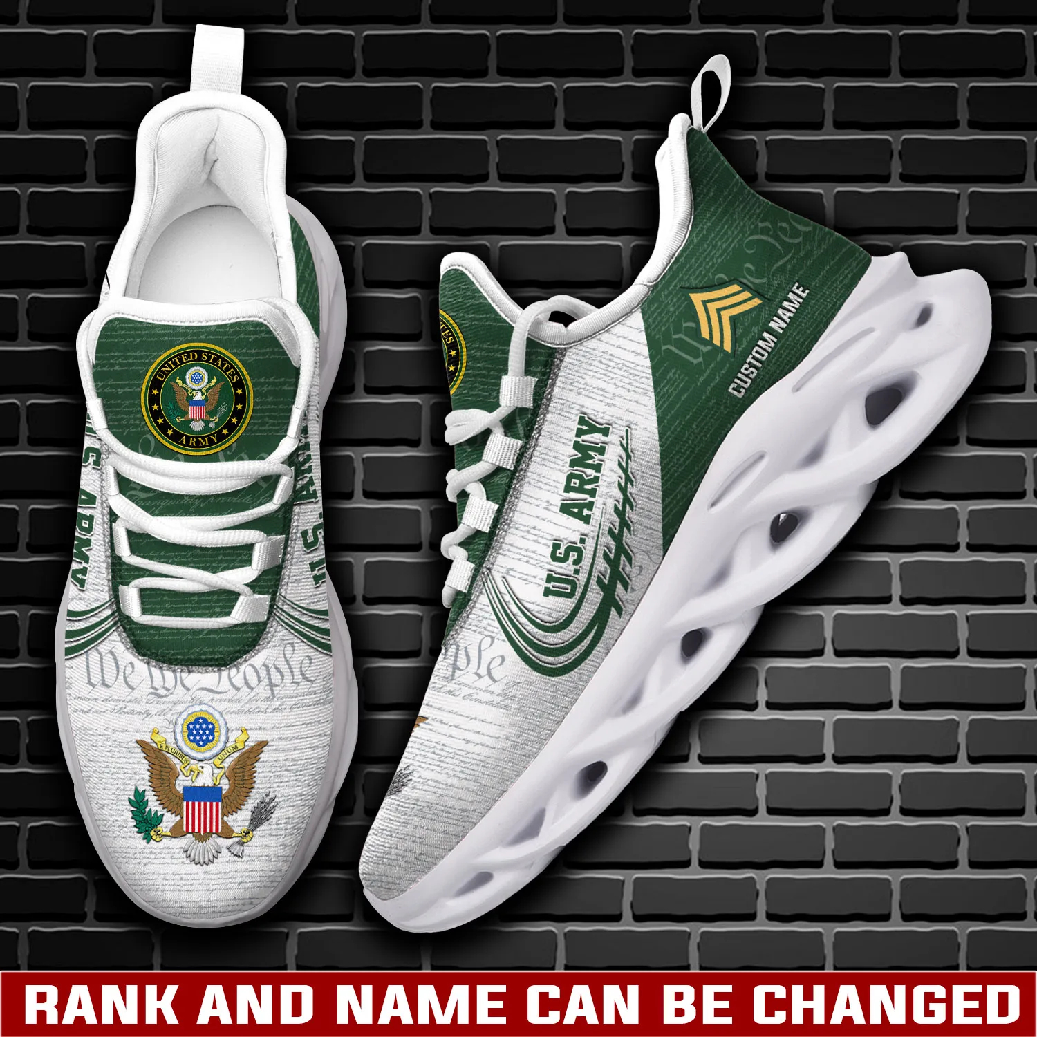US Army Always Remember, Never Forget Max Soul Shoes, Custom Name and Rank Veteran Sneakers, Patriotic Gift for Dad, Lace-Up Trainers