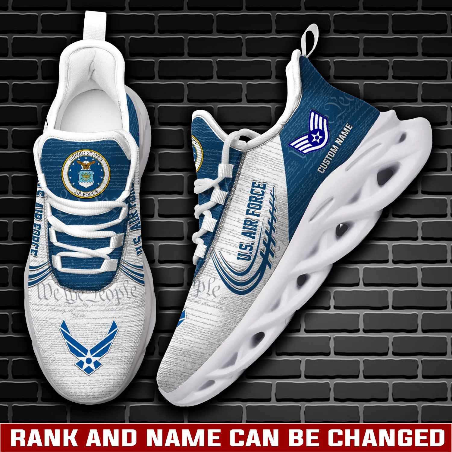 Personalized US Air Force Honoring All Who Served Max Soul Shoes, Custom Name and Rank White Blue Veteran Sneakers, Military Gift for Dad