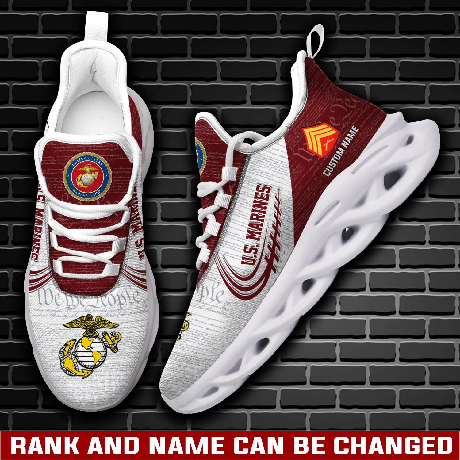 US Marine Corps The Jarheads Max Soul Shoes, Personalized Rank and Custom Name Sneakers, Veteran Gift for Dad and Grandpa, Lace-Up Trainers
