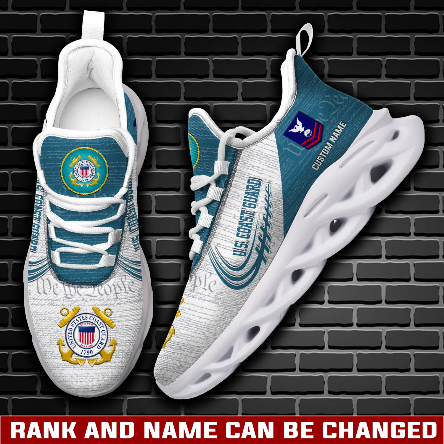 US Coast Guard Freedom Over Fear Max Soul Shoes, Personalized Name, Rank and Rating Sneakers, Veteran Gift for Him, Teal Walking Shoes