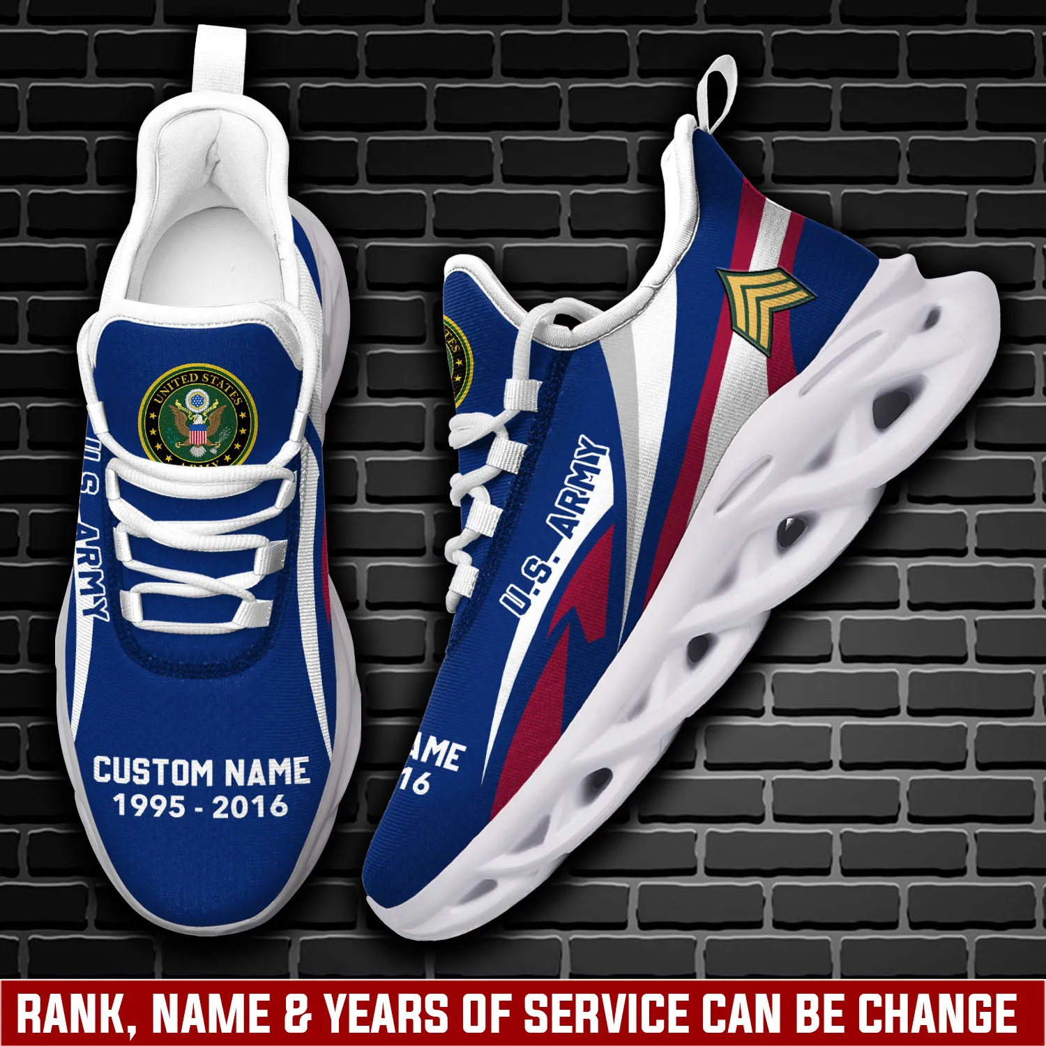 US Army Served With Pride Max Soul Shoes, Personalized Rank Name and Years of Service, Army Veteran Sneakers, Military Gift for Dad