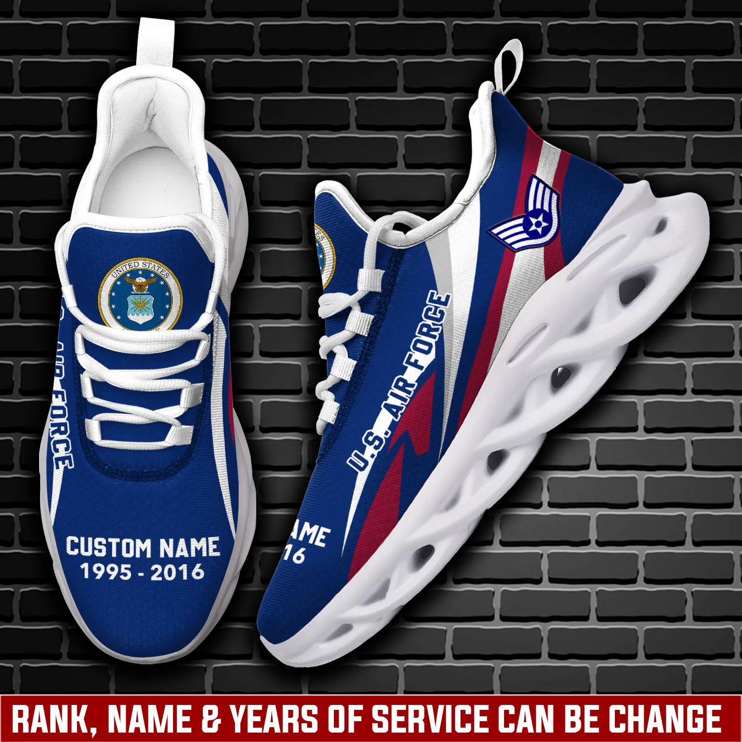 US Air Force E-8 First Sergeant Personalized Max Soul Shoes, Custom Name Airman Veteran Sneakers, Red White and Blue Military Gift for Dad