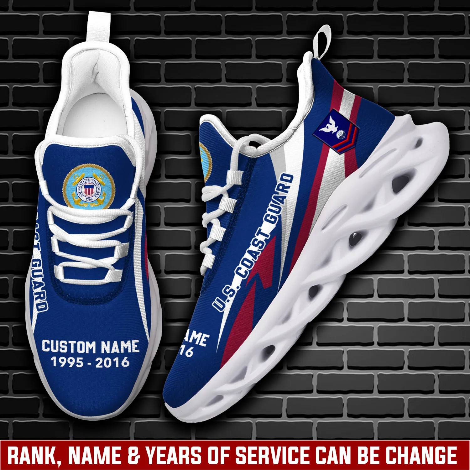 US Coast Guard E-3 Blue Personalized Max Soul Shoes, Custom Name, Rating, Rank and Years of Service, Royal Blue Veteran Sneakers for Coasties