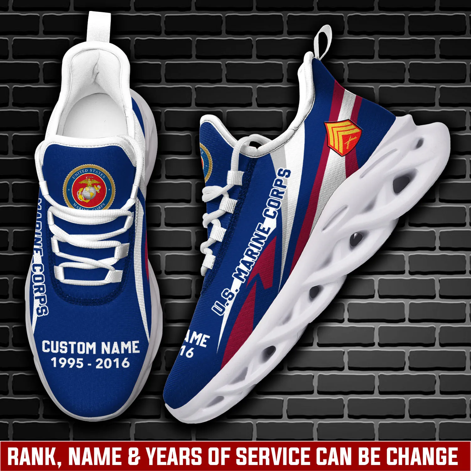 US Marine Corps E-4 Marines Corporal Personalized Max Soul Shoes, Custom Name and Years of Service Veteran Sneakers, Military Gift for Him