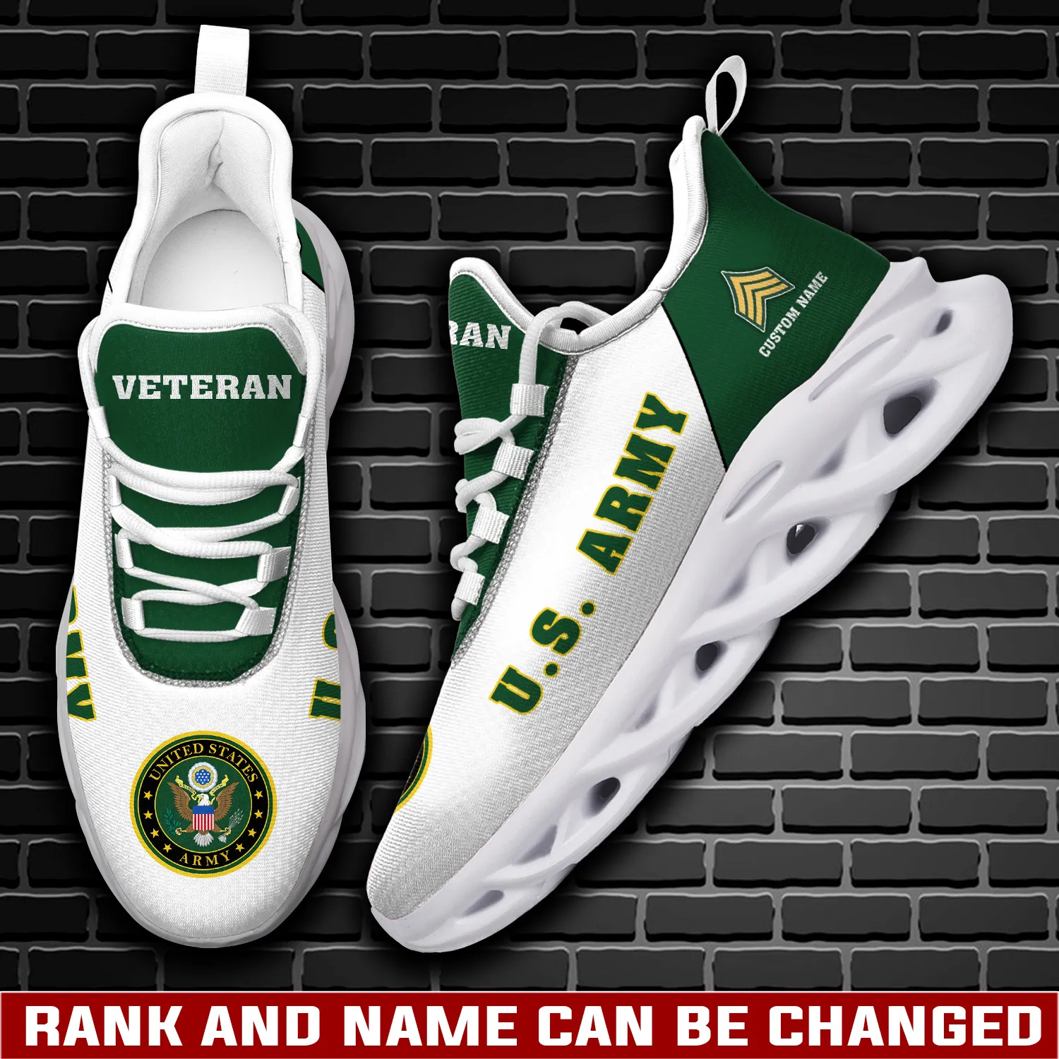US Army Land Of The Free, Because Of The Brave Max Soul Shoes, Custom Name and Rank Veteran Sneakers, Patriotic Gift for Dad