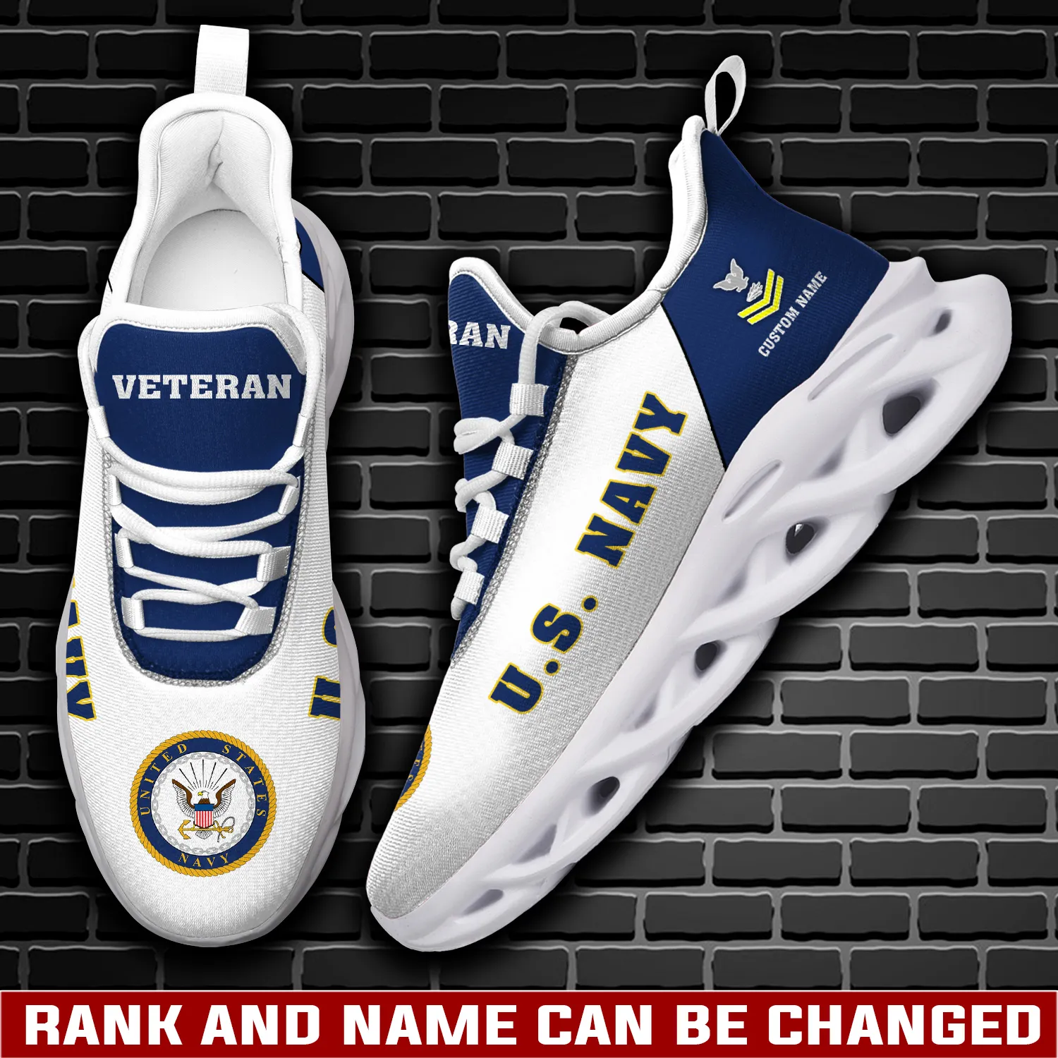 US Navy E-4 Red Max Soul Shoes, Custom Name Veteran Sneakers with Rank and Rating, Sailor Gift for Dad, Lace-Up Walking Shoes