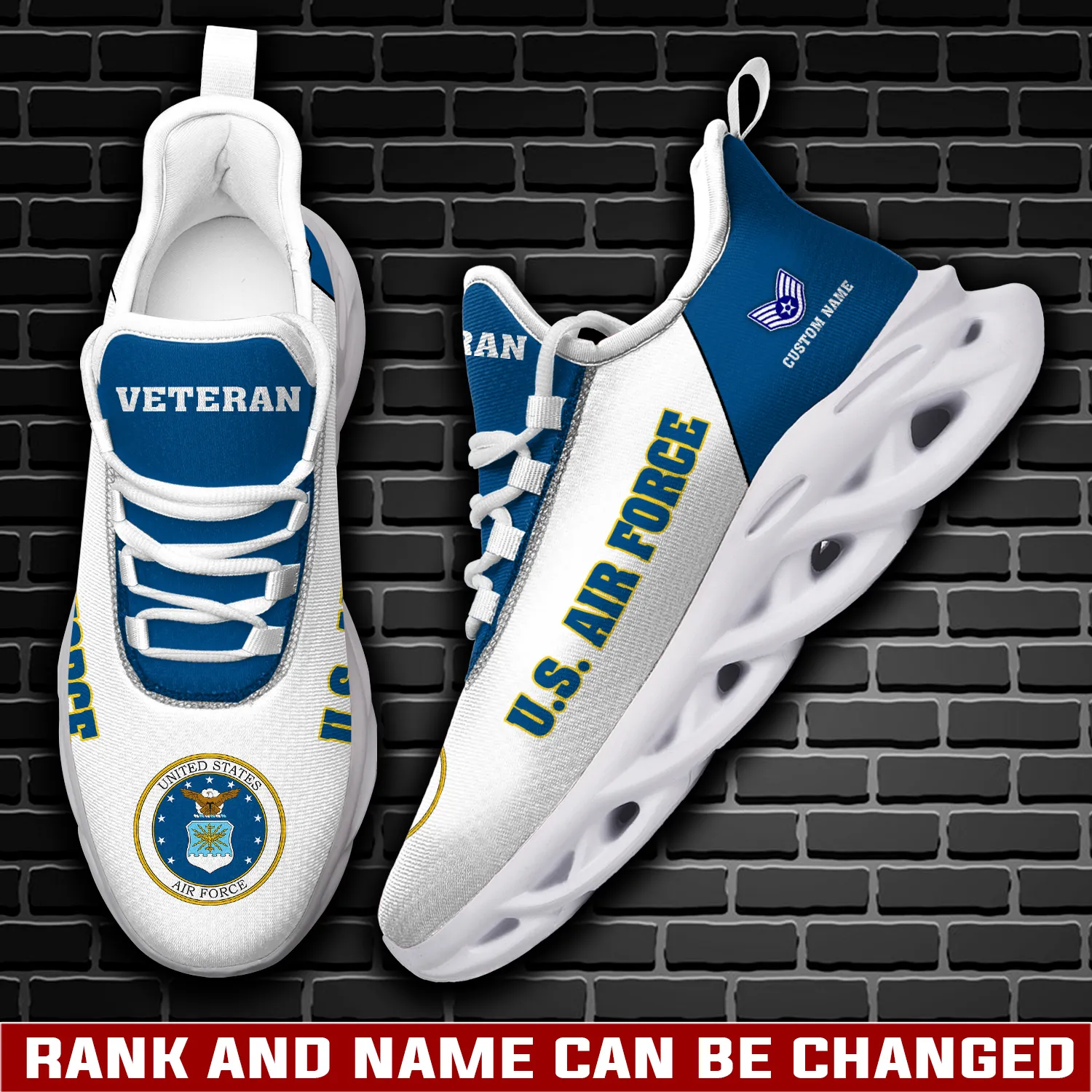 US Air Force E-3 Air Force Airman First Class Max Soul Shoes, Custom Name and Rank Veteran Sneakers, Military Gift for Airmen