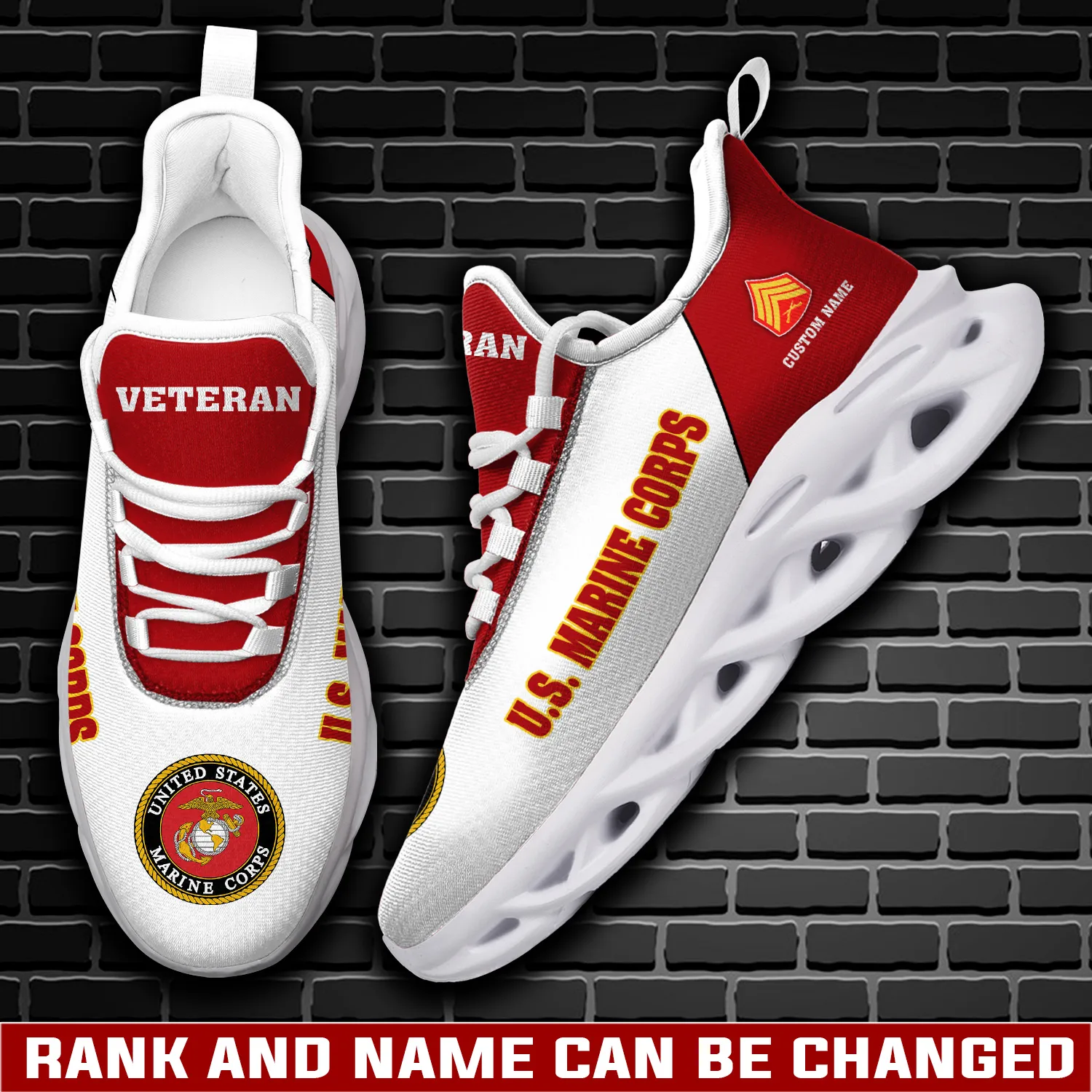 US Marine Corps Honor, Duty, Service Max Soul Shoes, Personalized Rank and Custom Name Sneakers, Veteran Gift, Casual Walking Shoes