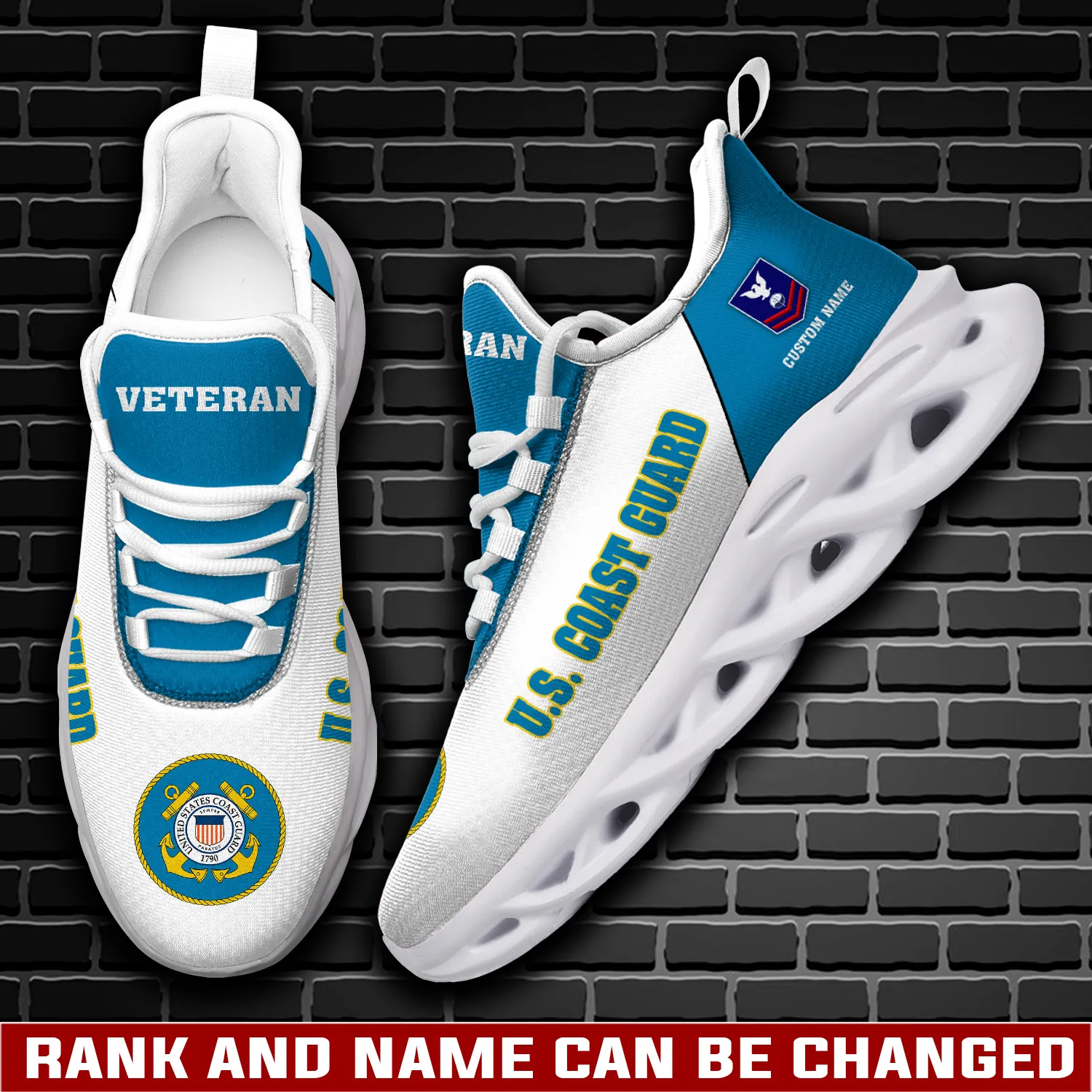 US Coast Guard E-7 Red Max Soul Shoes, Custom Name Veteran Sneakers with Rating and Rank, Military Gift for Men and Women