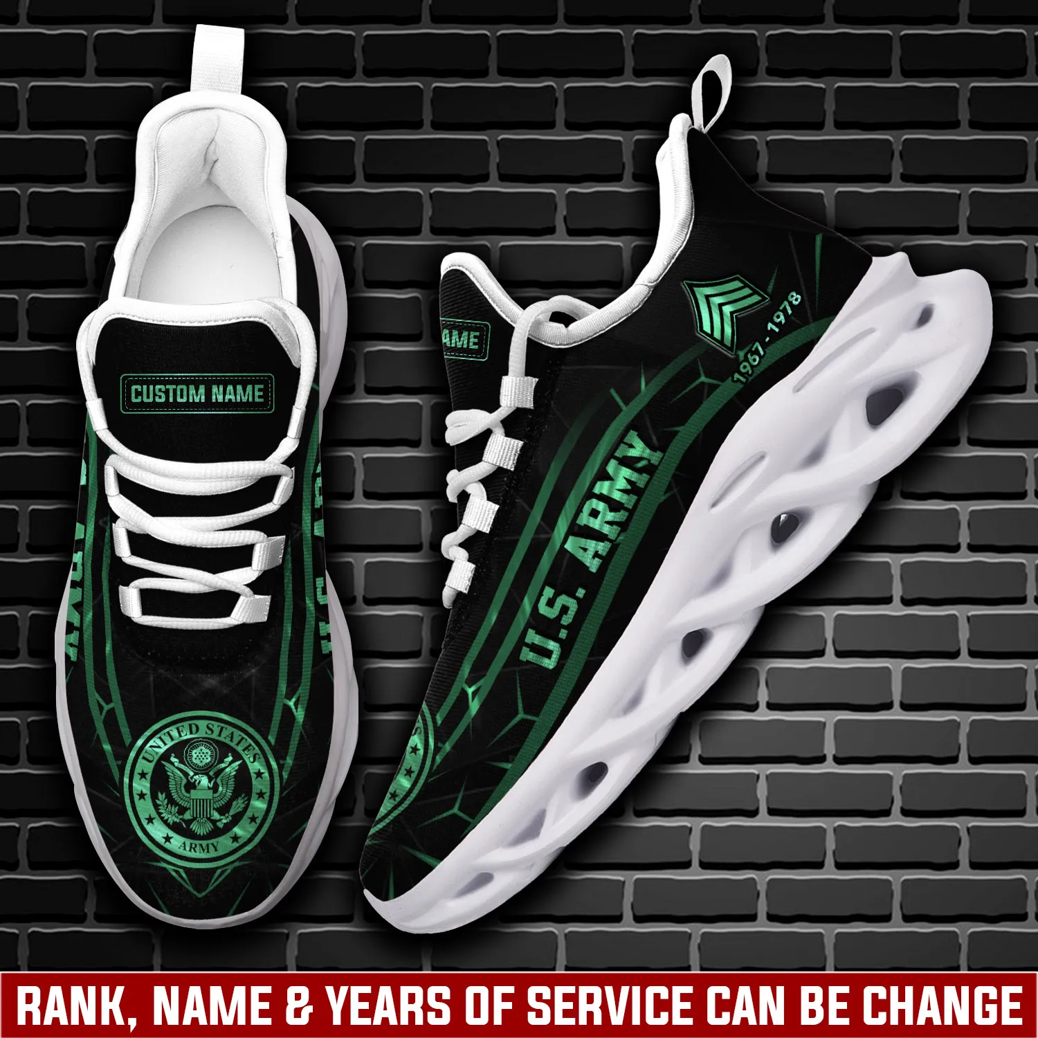 US Army E-8 Army First Sergeant Max Soul Shoes, Personalized Rank and Custom Name Sneakers, Veteran Retirement Gift for Dad, Glowing Green