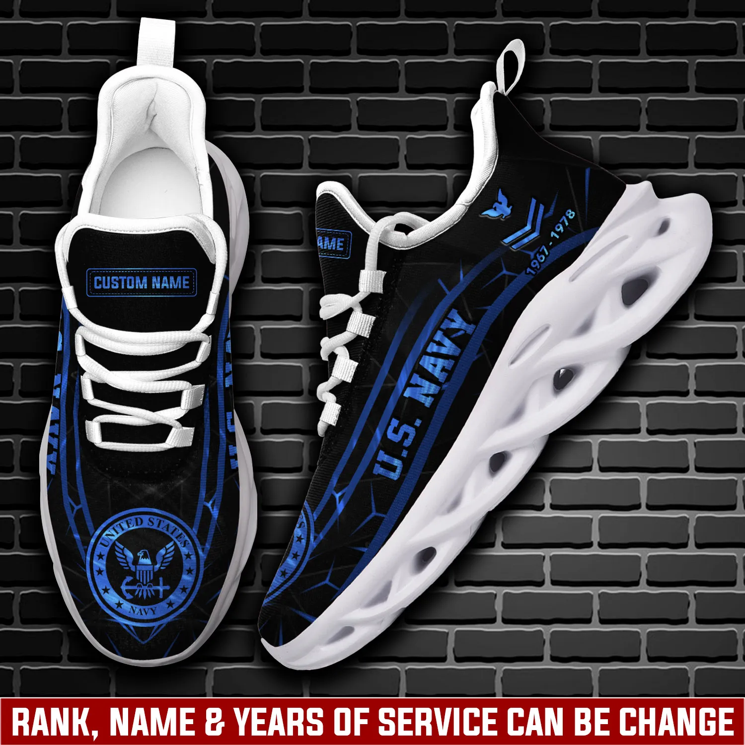 Personalized US Navy Always Remember Never Forget Max Soul Shoes, Custom Name Rating Rank and Years Black Blue Veteran Sneakers, Sailor Gift