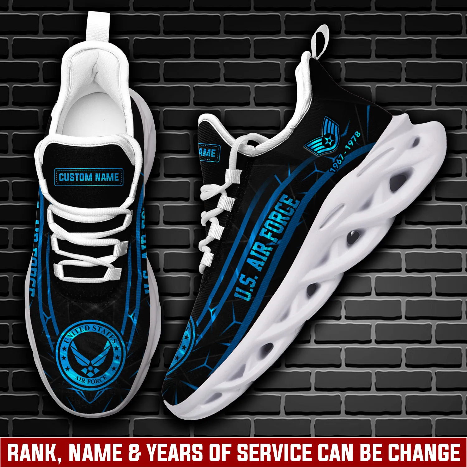 US Air Force O-3 Air Force Captain Max Soul Shoes, Personalized Name and Years of Service Sneakers, Veteran Gift for Him, Electric Blue Trainers