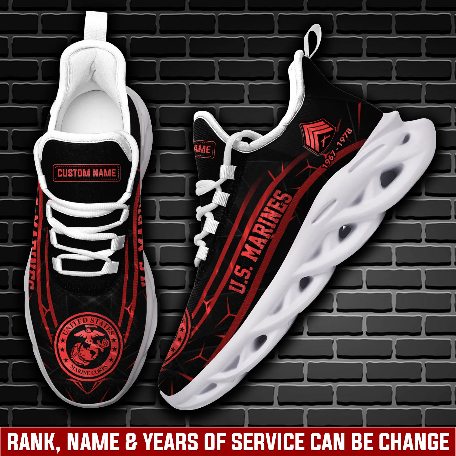 US Marine Corps The Few, The Proud Max Soul Shoes, Custom Name and Rank Sneakers, Personalized Veteran Gift for Dad, Lace-Up Walking Shoes